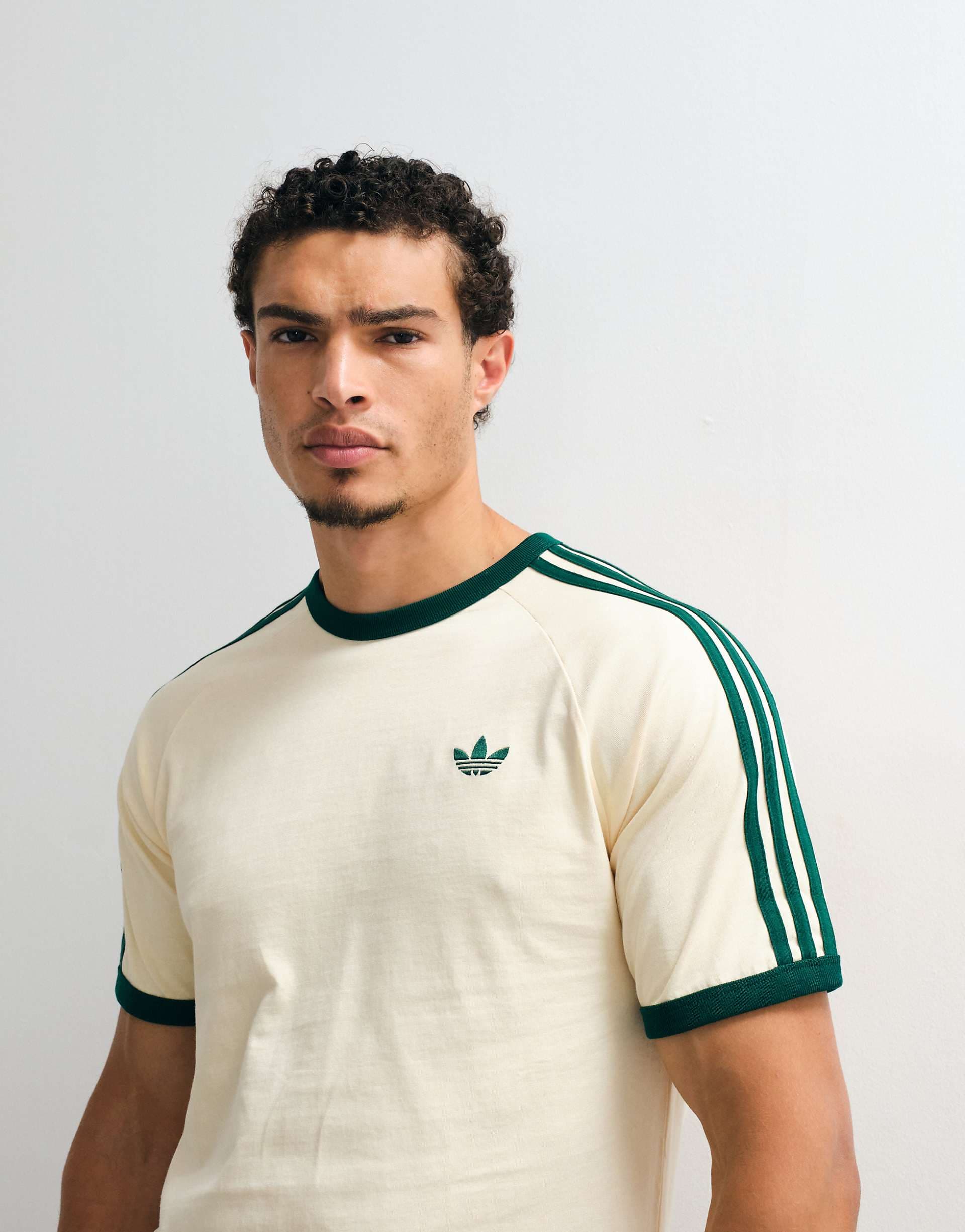 adidas Originals three stripe T-shirt in off white and green