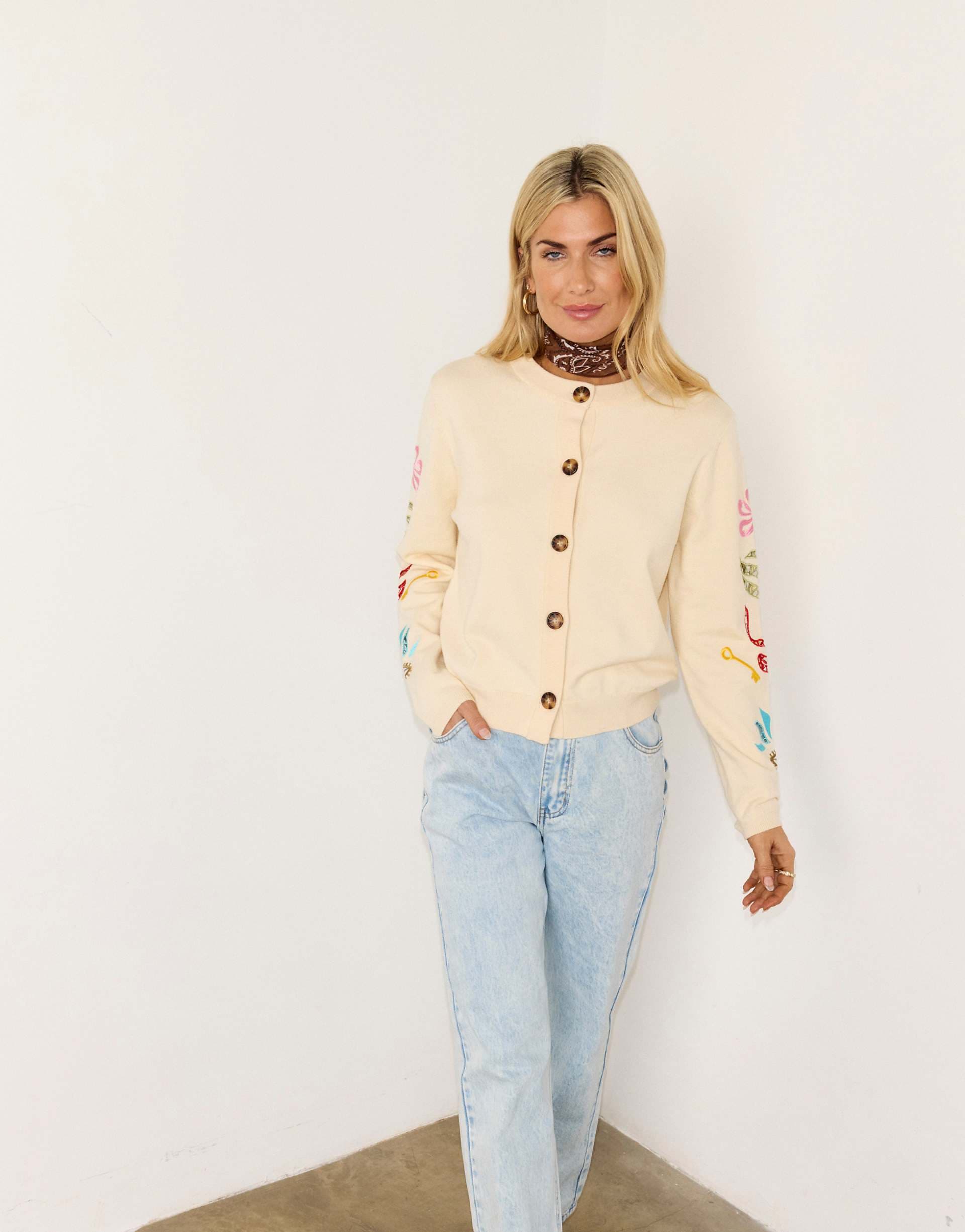 Never Fully Dressed knit cutwork embroidered cardigan in cream