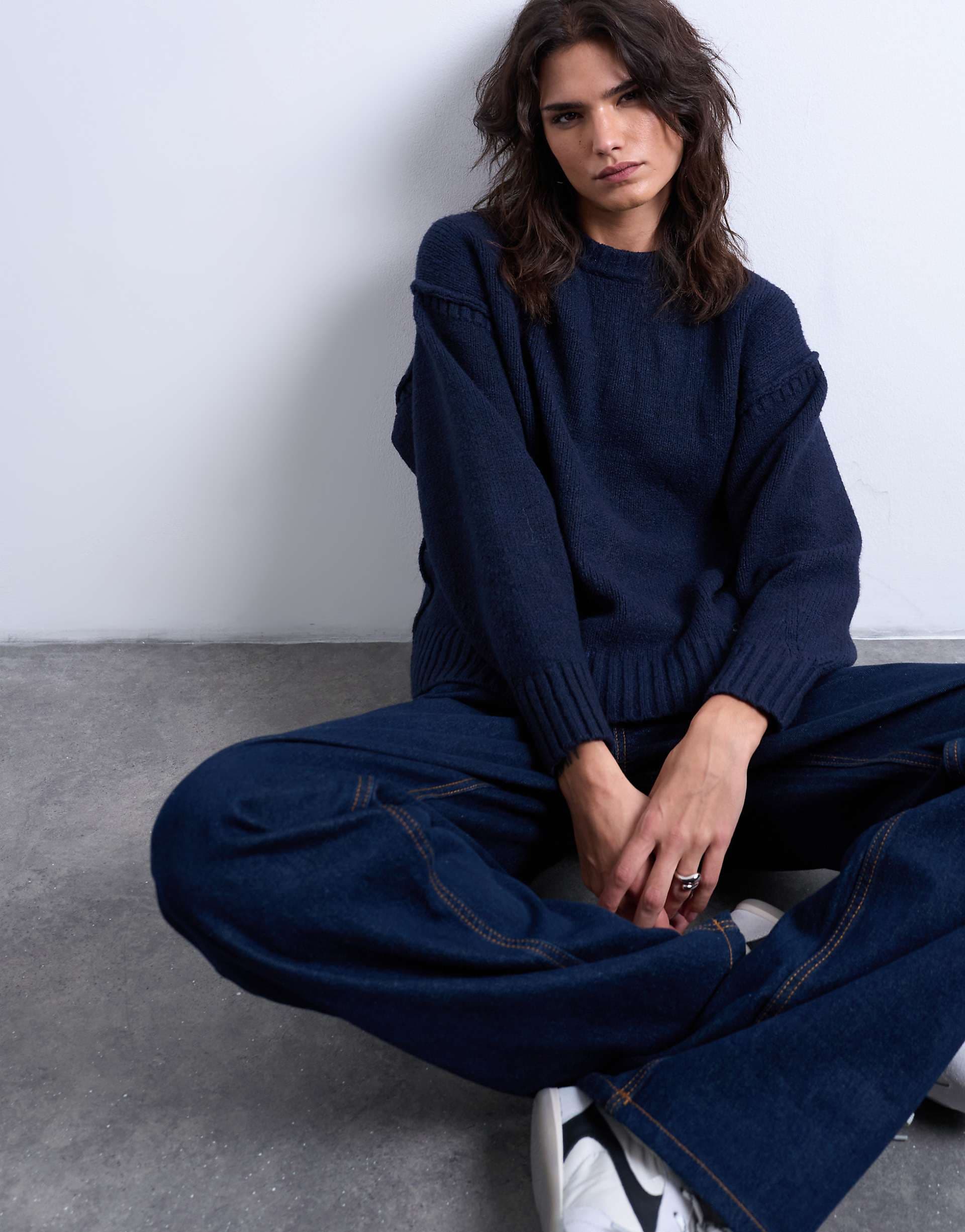 Topshop knit clean exposed seams sweater in navy