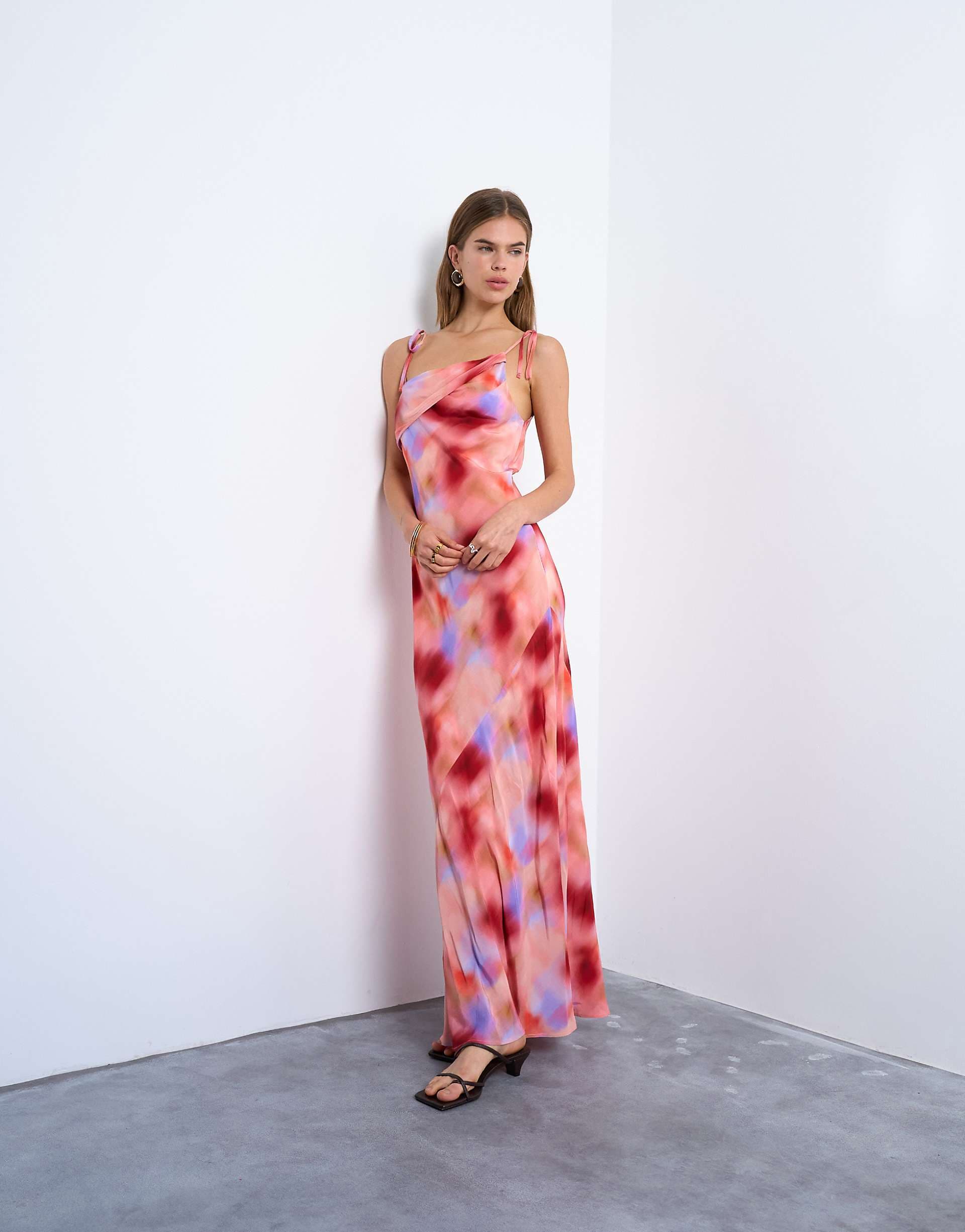 Topshop off shoulder midi dress in abstract pink print