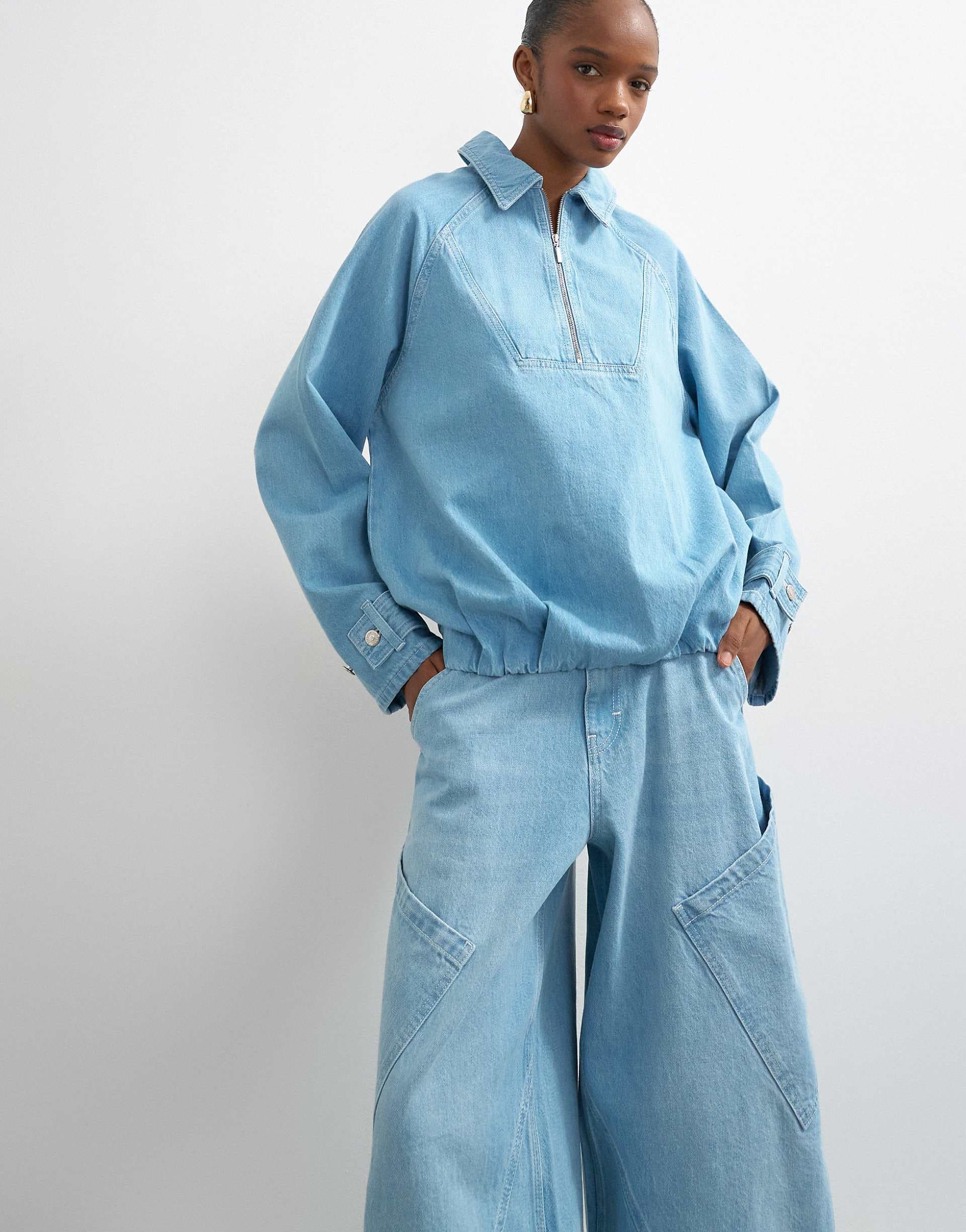 Topshop denim collared quarter zip blouson jacket in mid blue