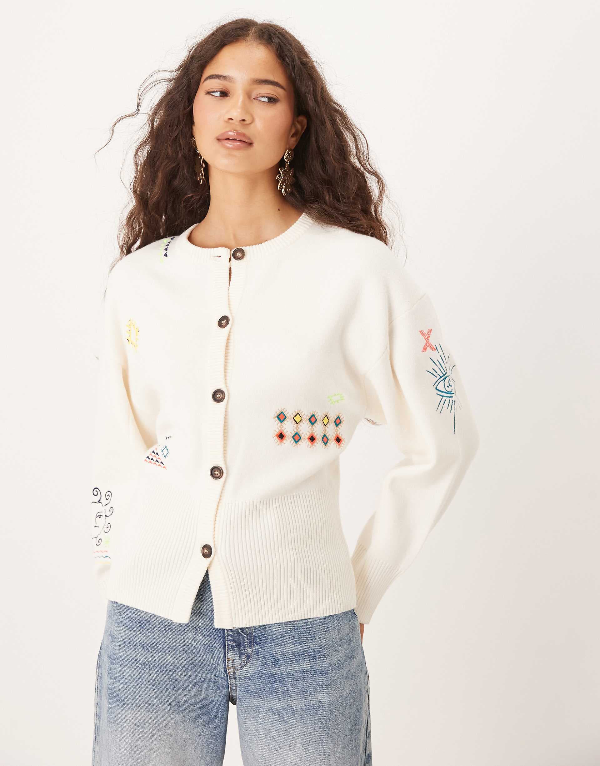 Never Fully Dressed neon embroidered cardigan in cream