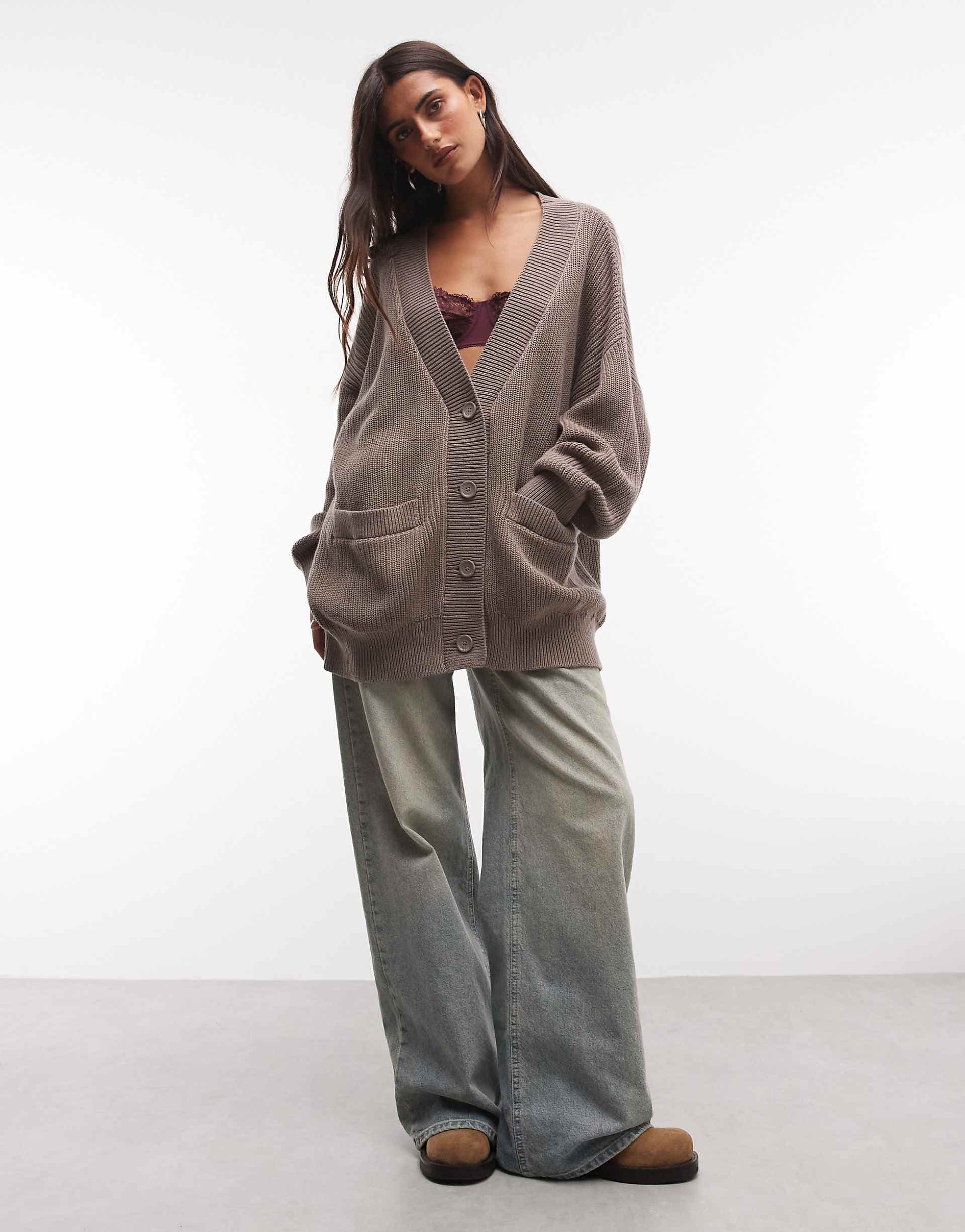 Monki longline knit oversized cardigan in mink