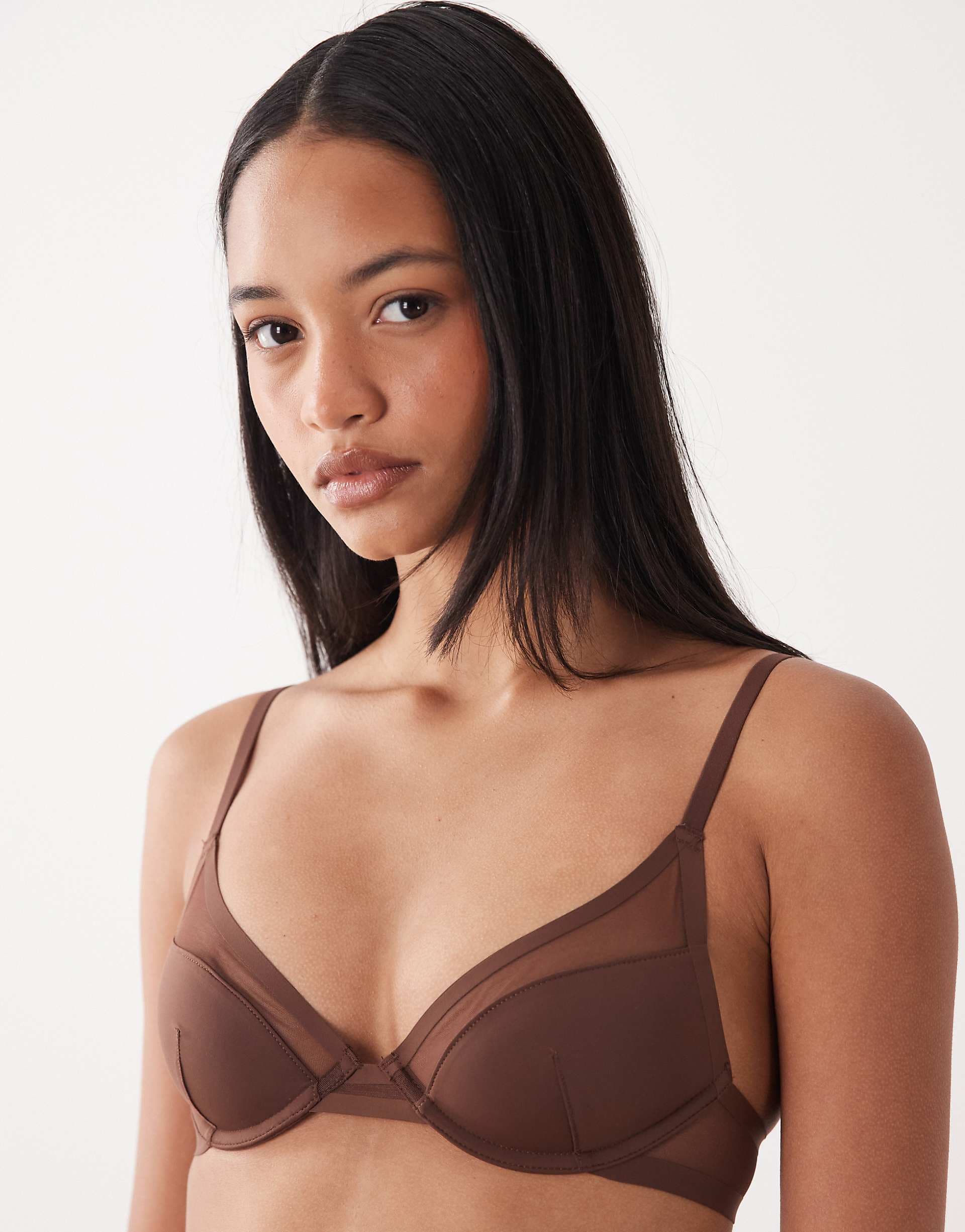 ASOS DESIGN Ella molded microfiber demi pad underwire bra with mesh detail in chocolate