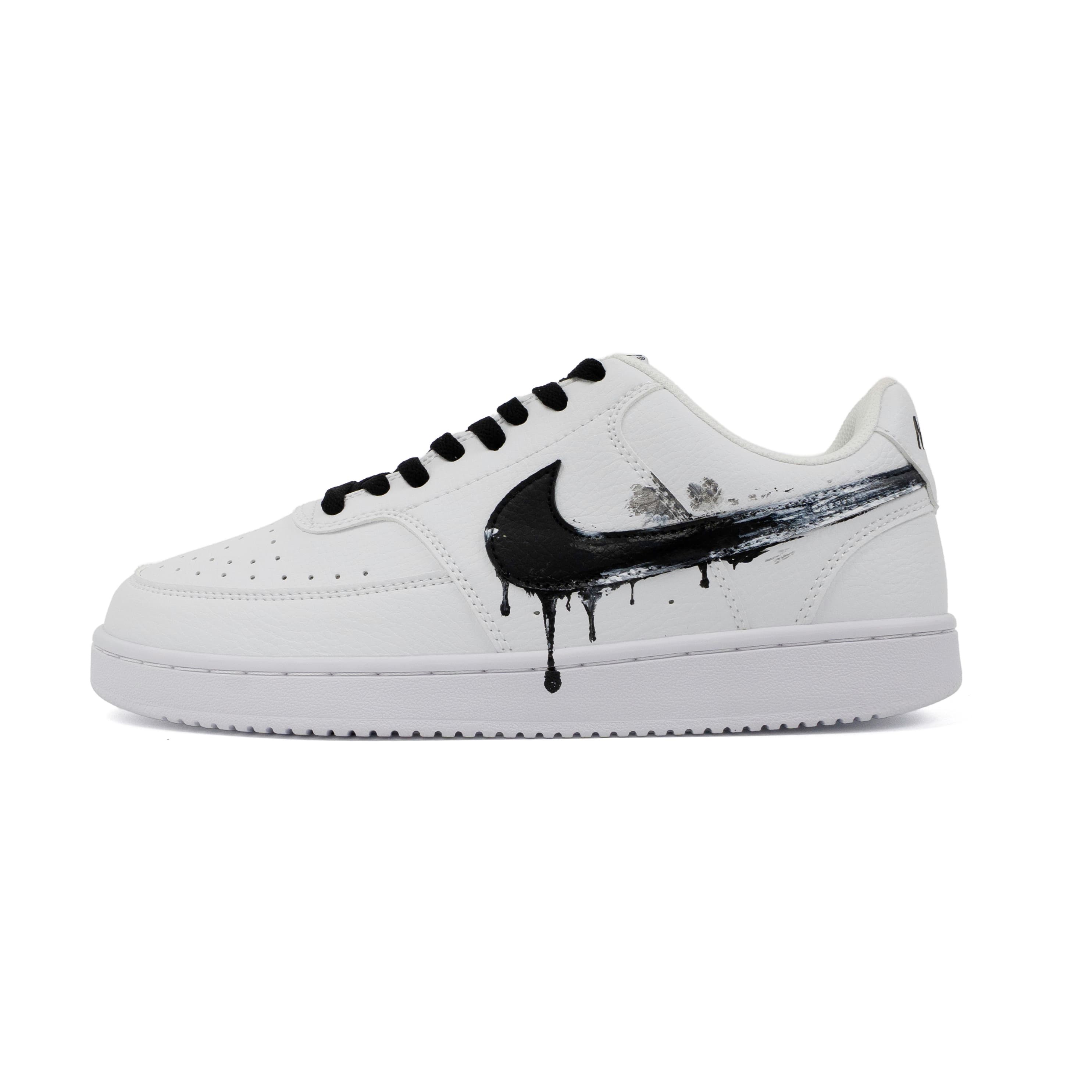 Custom Sneakers Nike Court Vision 'Ink Stain Flows White' City Commuter Graffiti Hip Hop Trendy Versatile High-Street Fashion Cushioned Wear-Resistant Breathable Slip-Resistant Low-Top Autumn Winter Skate Shoes Unisex Black White