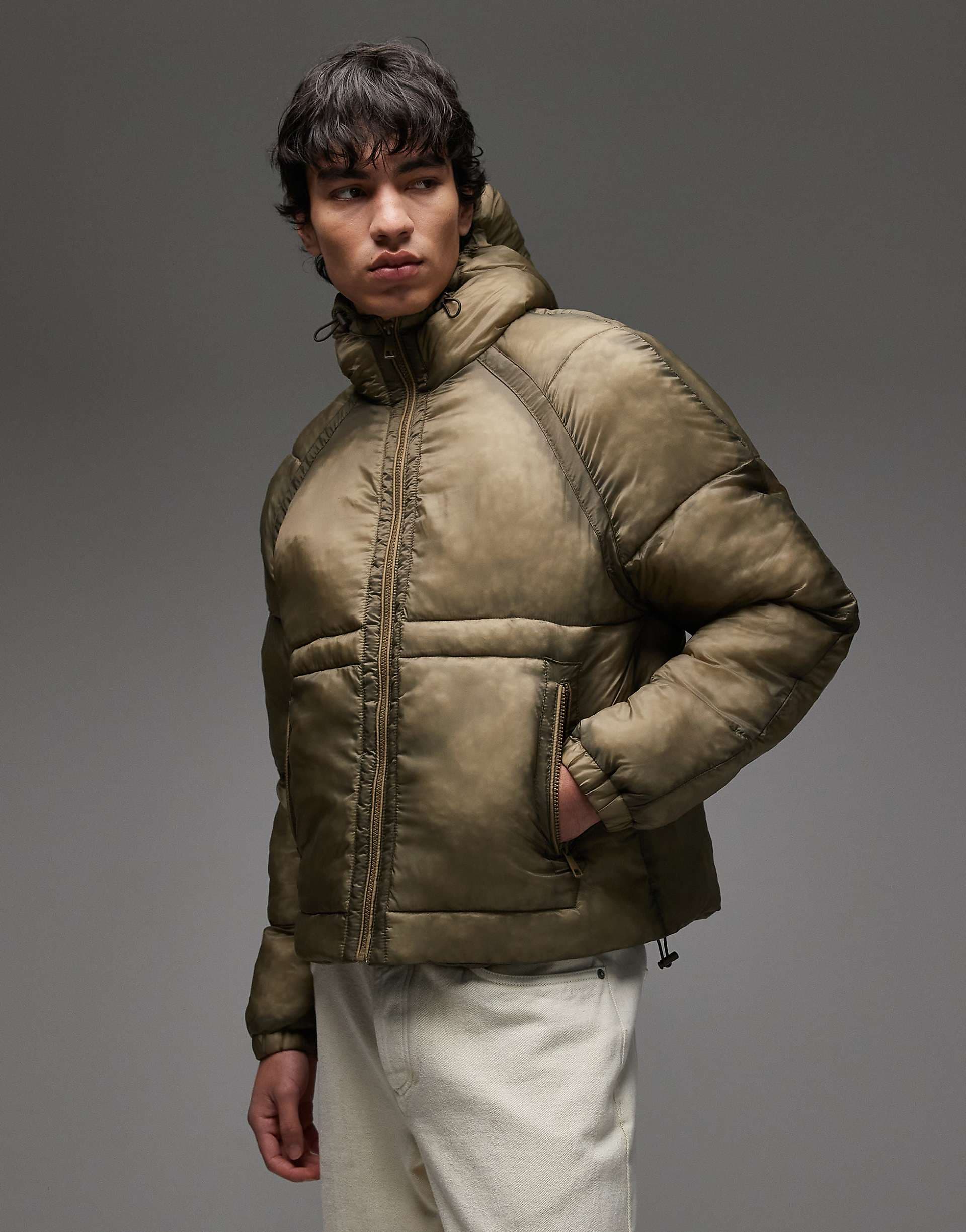 COLLUSION washed puffer with hood in khaki