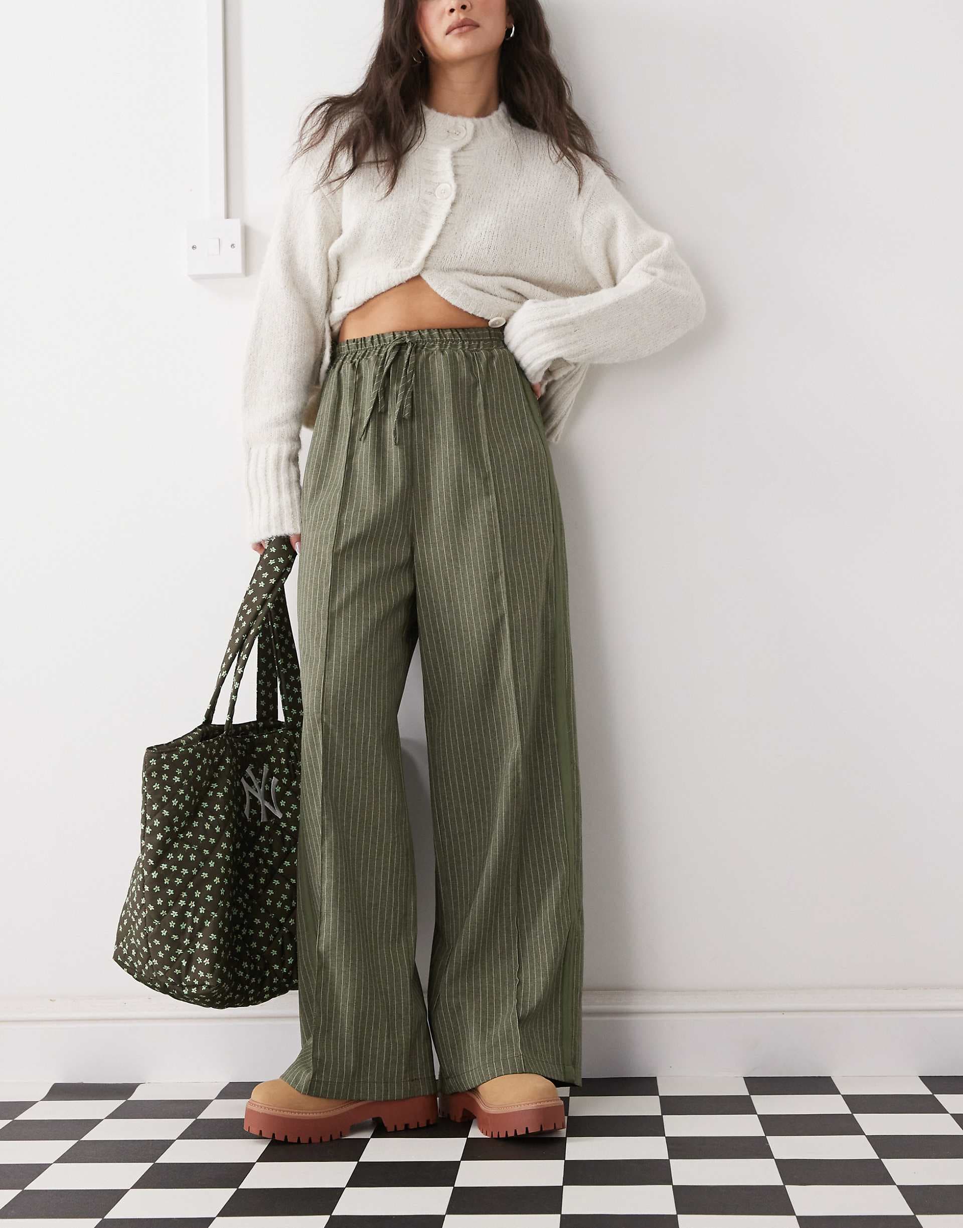 Reclaimed Vintage relaxed pull on pants with side stripe detail in green pinstripe
