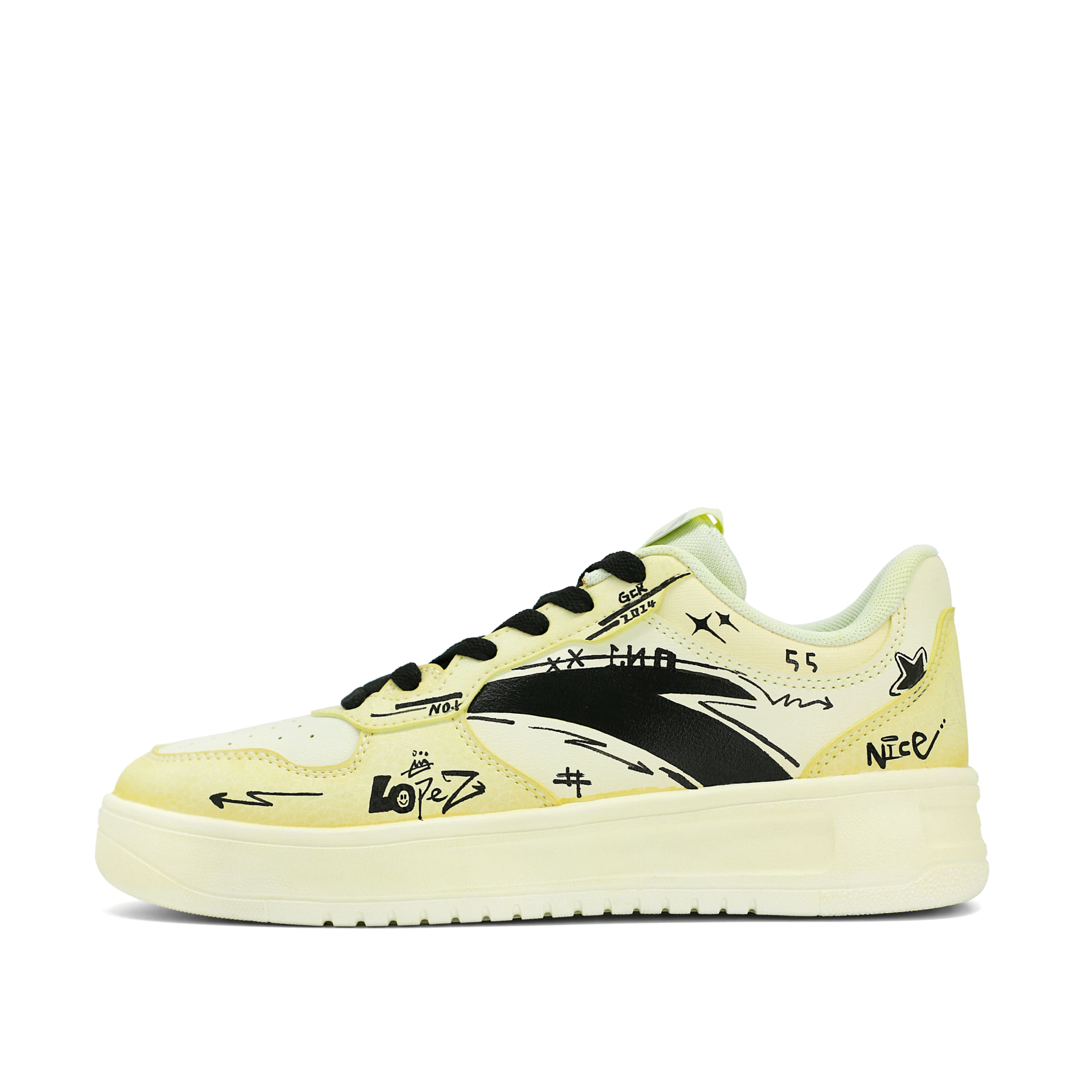 Custom Sneakers Anta Lifestyle Series Yellow Green Graffiti Synthetic Leather Relaxed Hip-Hop Trendy Classic Hand-Painted Spray Dip-Dye Fashion Fresh Streetwear Balanced Wear-Resistant Anti-Slip Low-Top Skate Shoes Men's Yellow Green