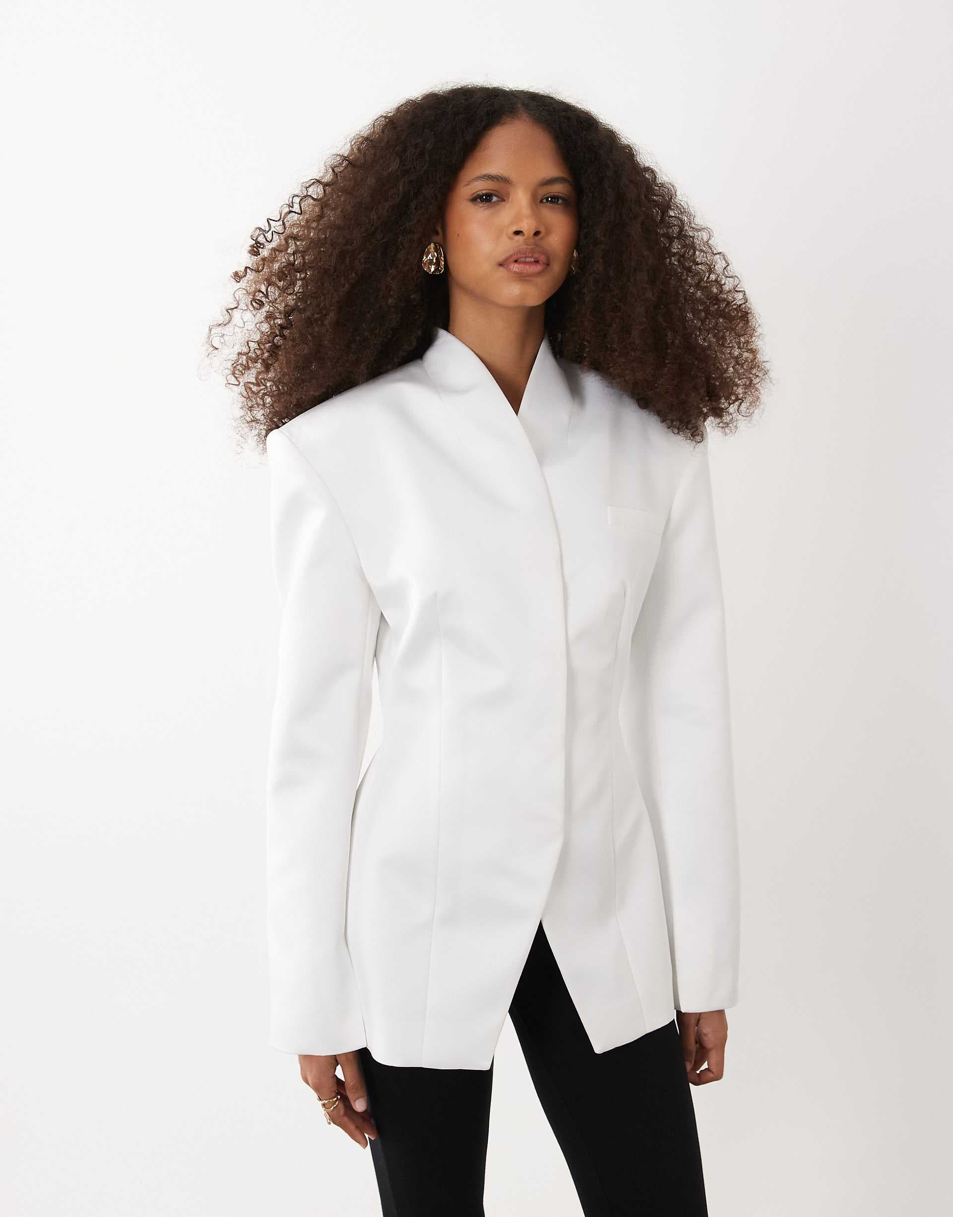 ASOS DESIGN heavy satin high neck cinch blazer in ivory