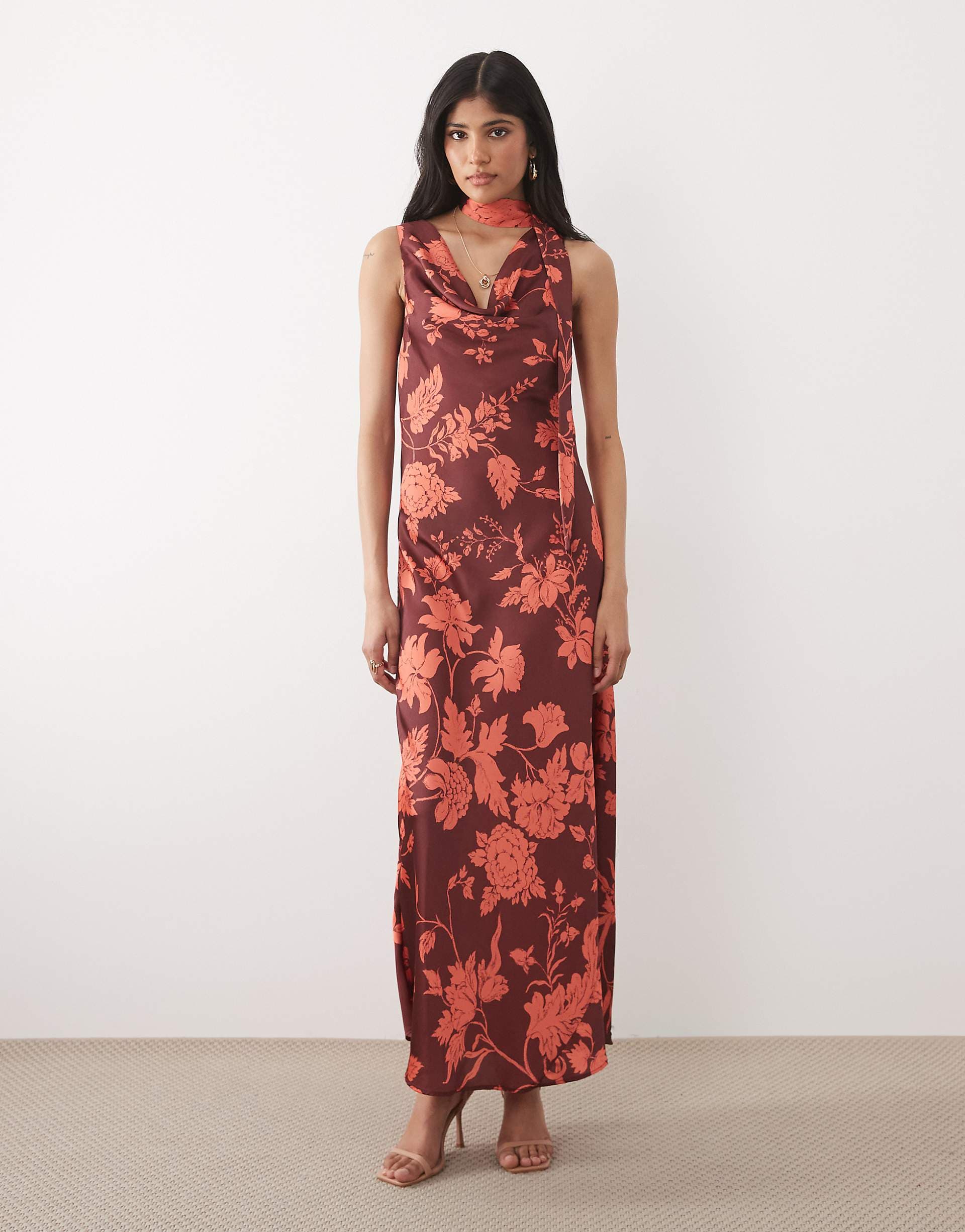 Hope & Ivy satin cowl neck scarf maxi dress in burgundy floral