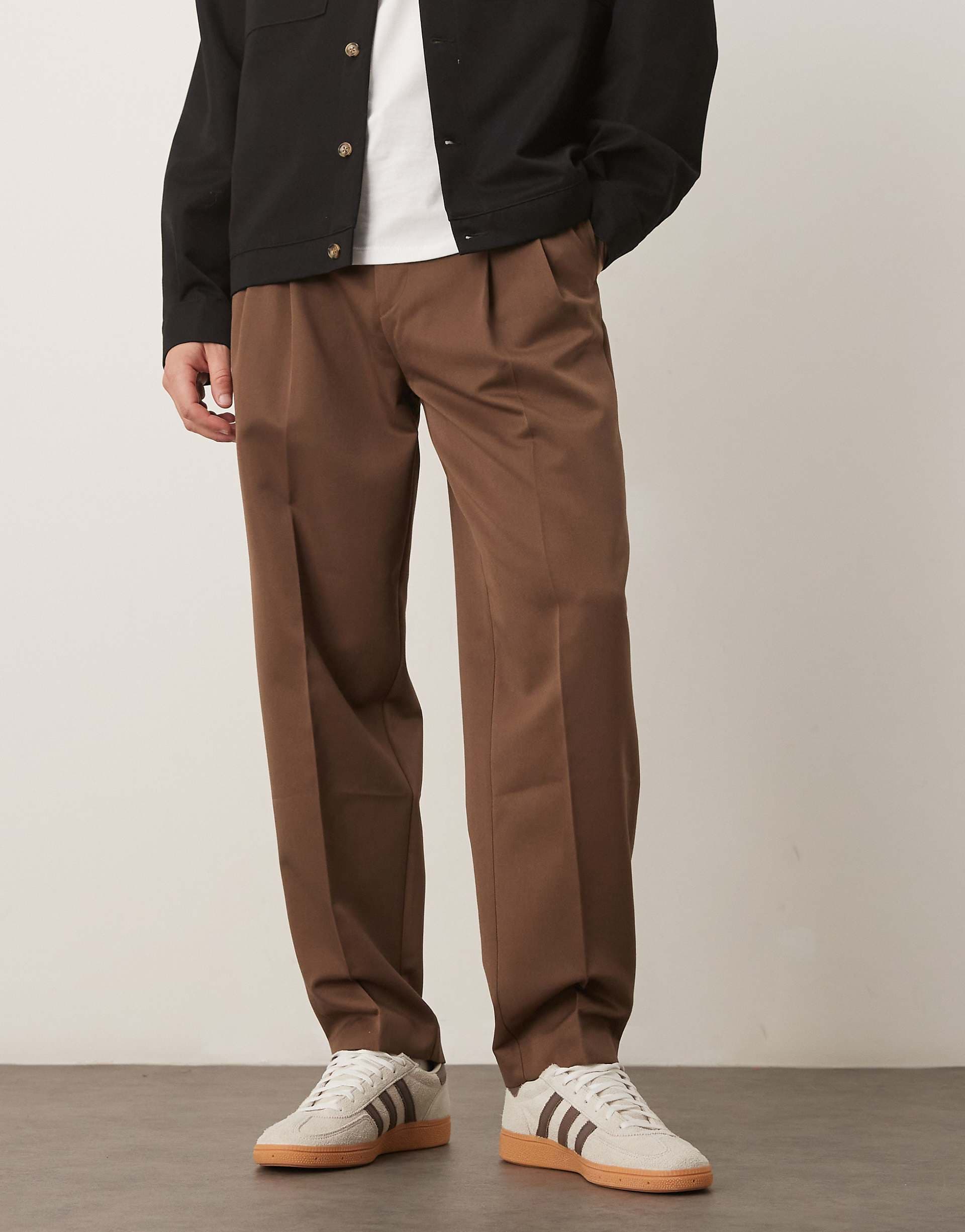 ASOS DESIGN smart oversized tapered pants with double pleats in brown