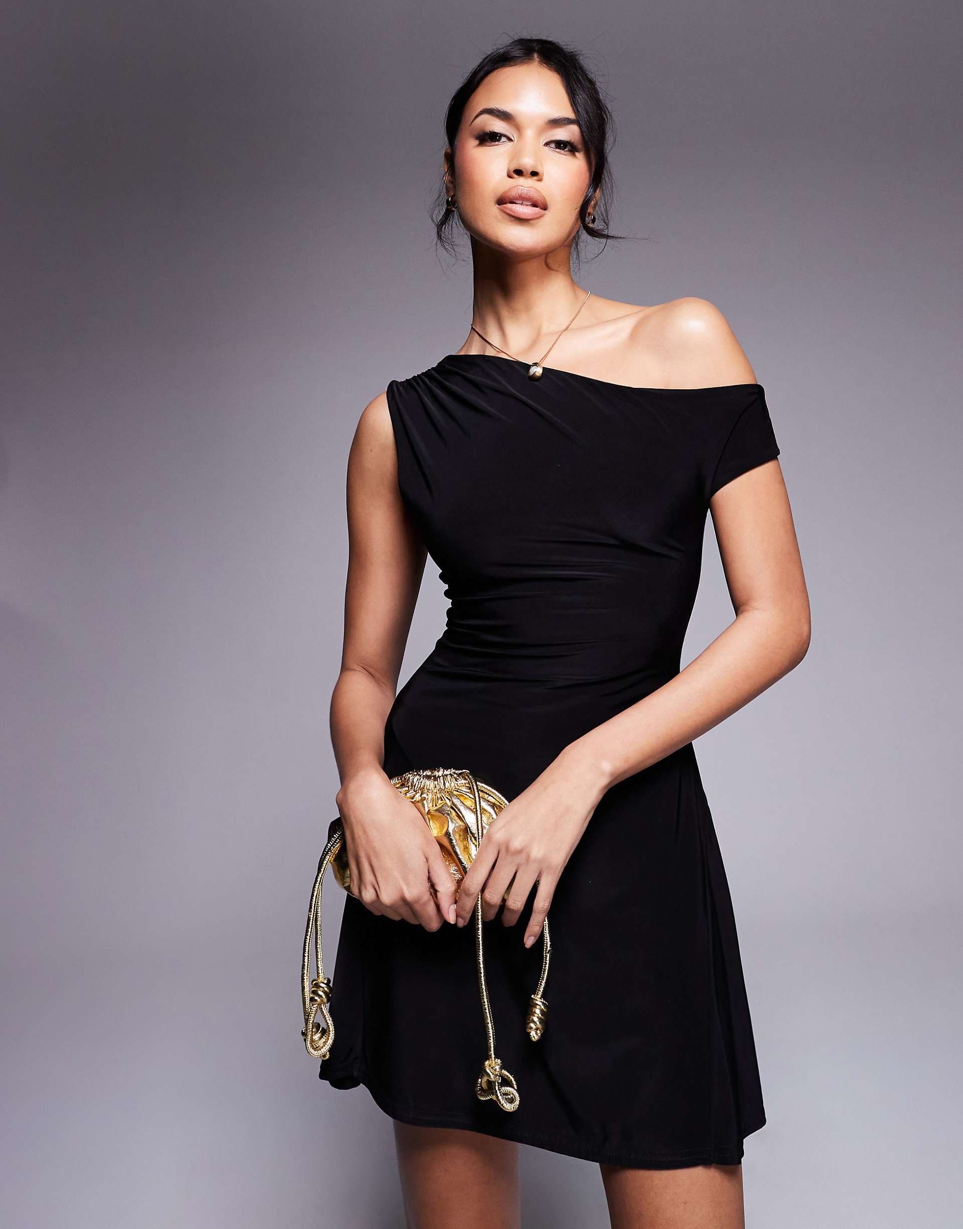 Kaiia exclusive double layered slinky off shoulder drape detail fitted waist mini skater dress in black