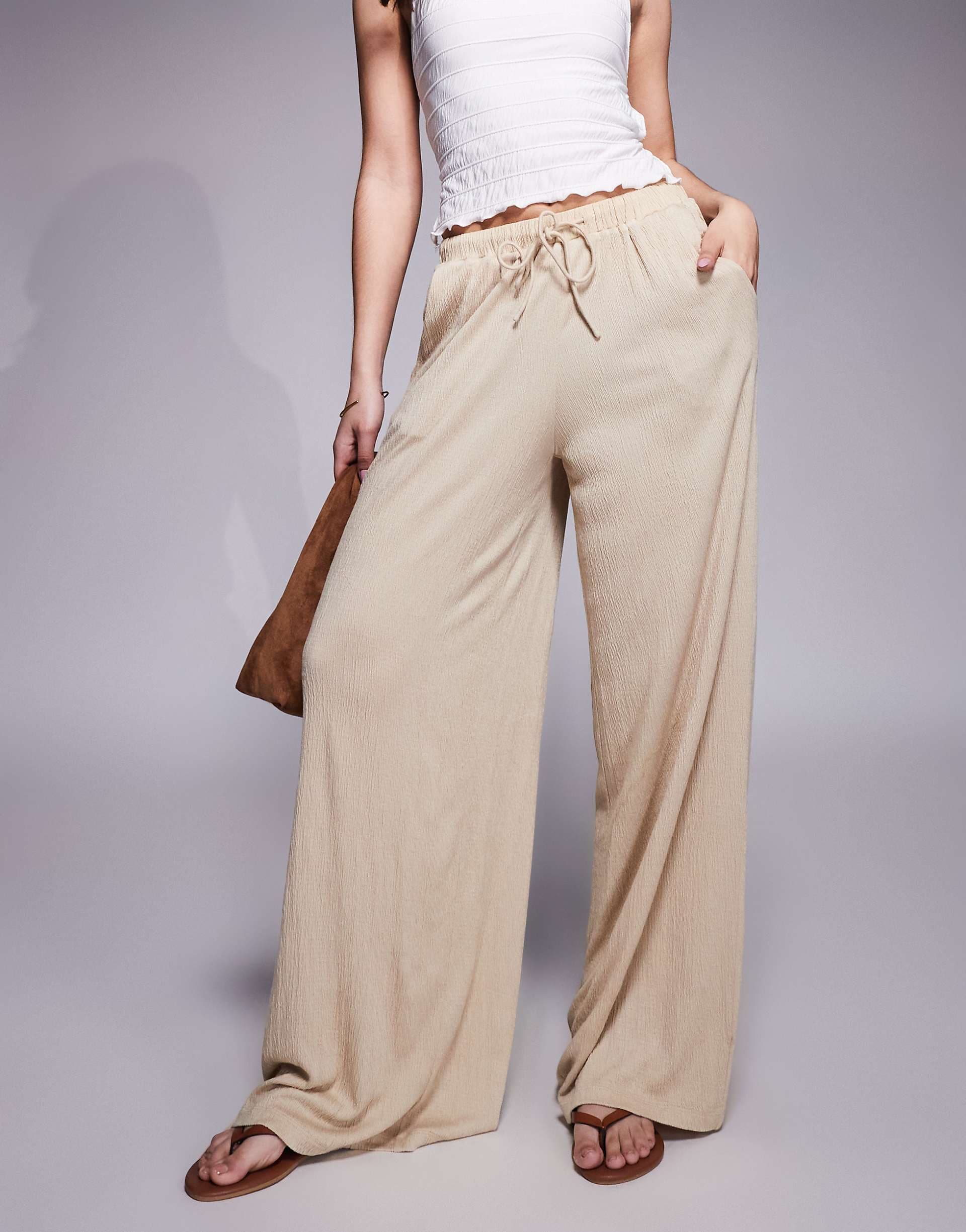 ASOS DESIGN crinkle tie waist wide leg pants in stone - part of a set