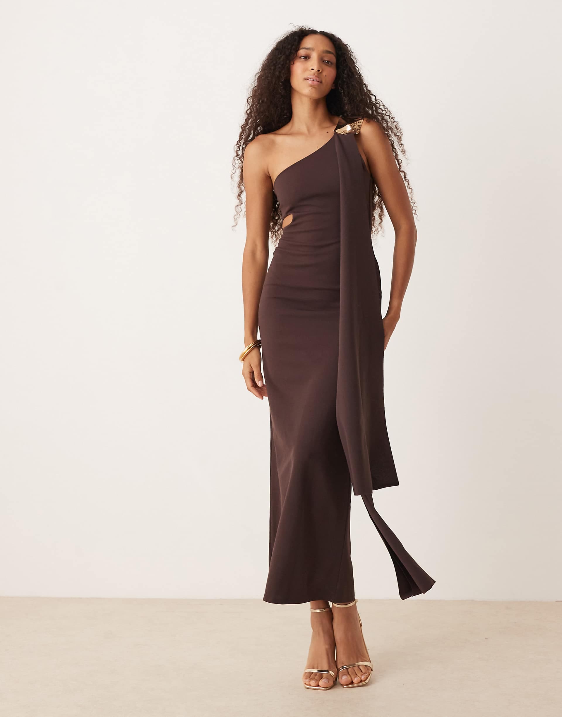 ASOS DESIGN cut out one shoulder maxi dress with hammered trim in chocolate