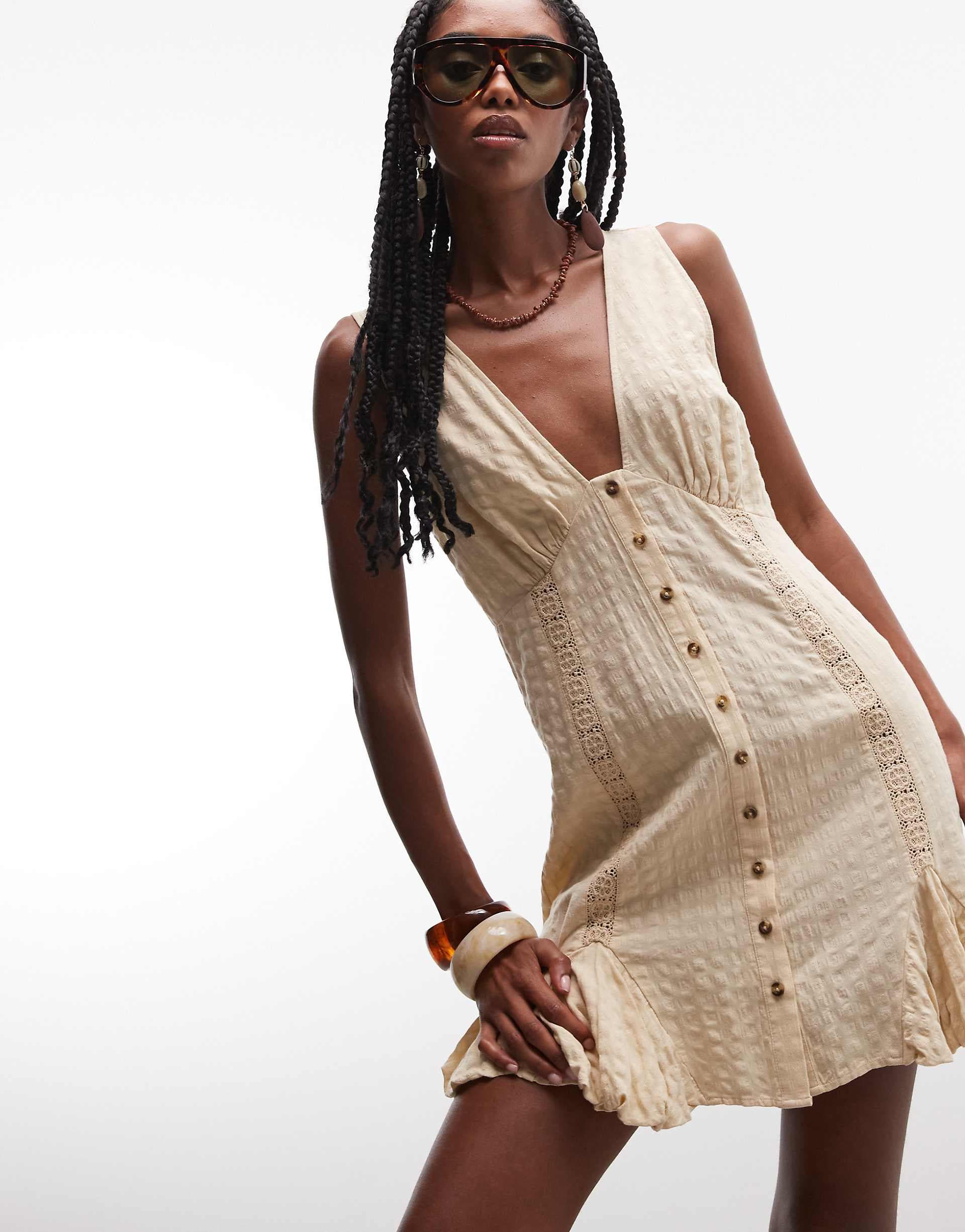 ASOS DESIGN v neck mini button down mini dress with lace trim and godets in antique cream