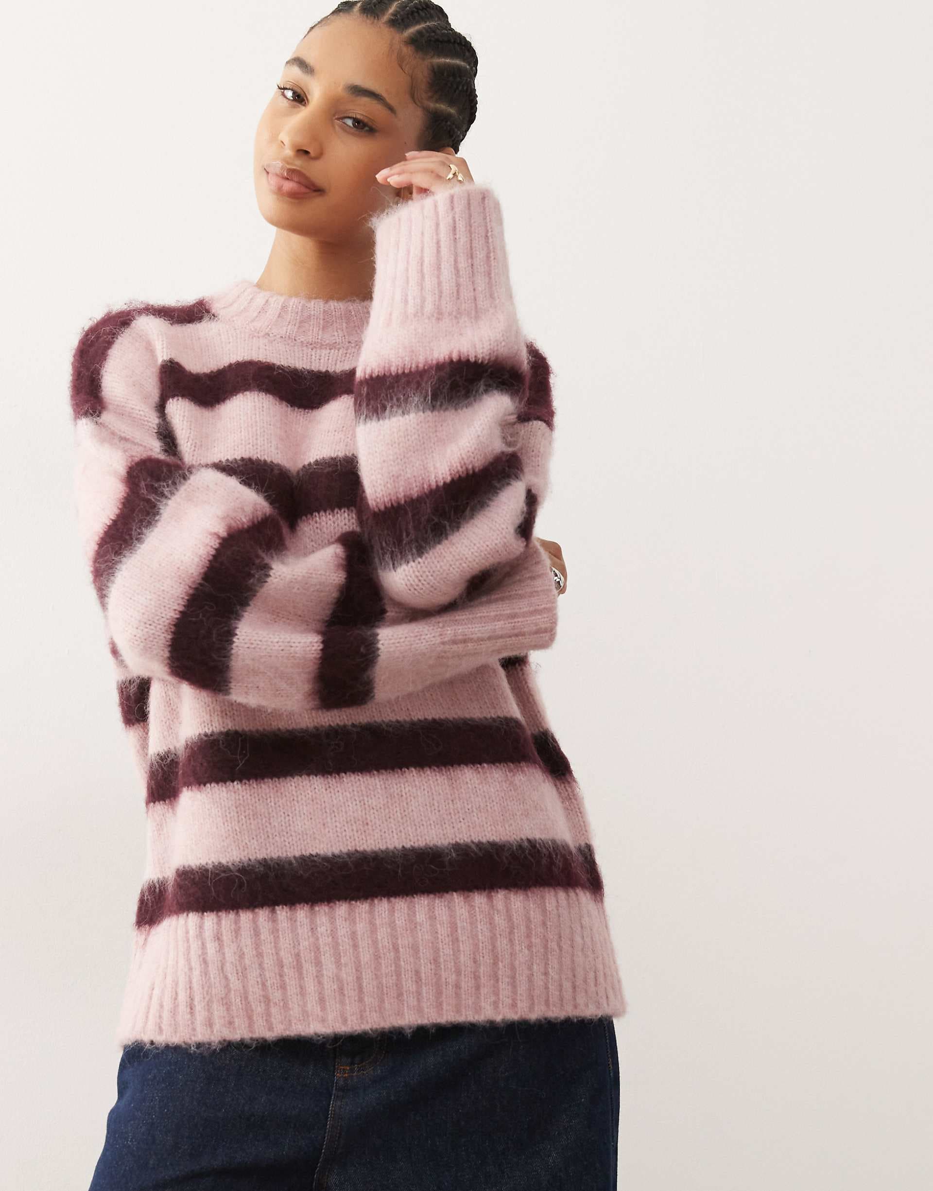 Monki oversized fluffy stripe sweater in raspberry stripe