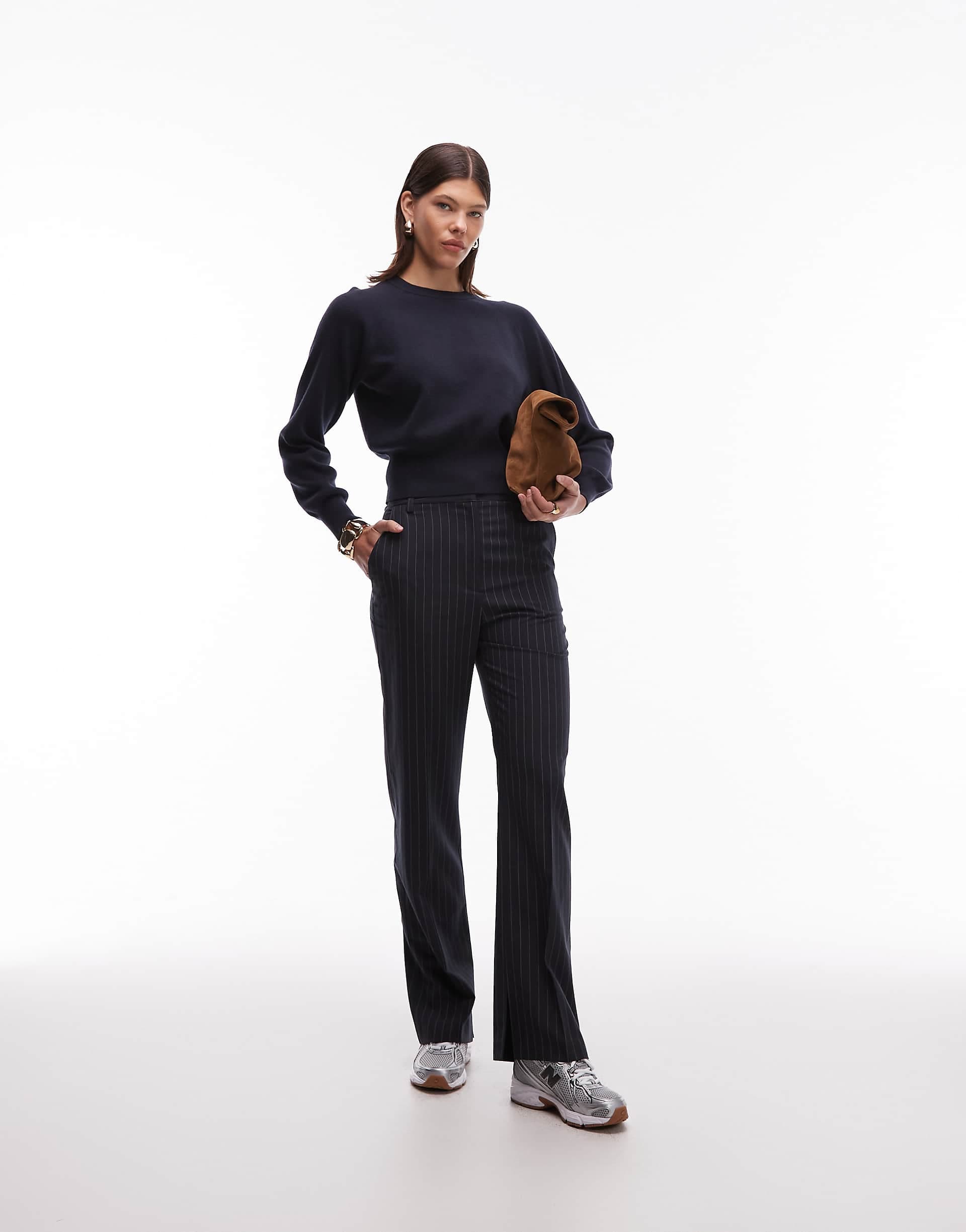 ASOS DESIGN tailored slim straight trousers with slits in navy pinstripes