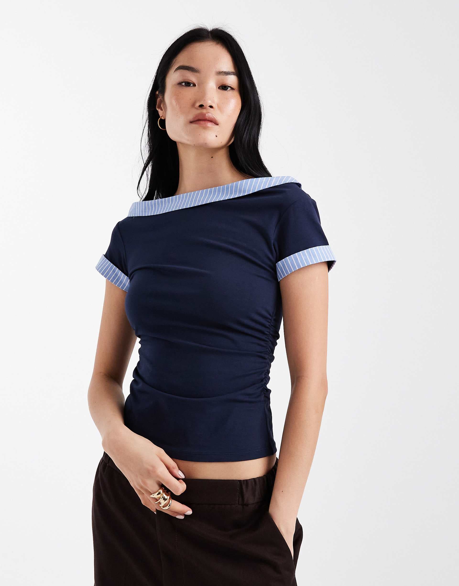 ASOS DESIGN hybrid fallen shoulder striped poplin hem top in navy