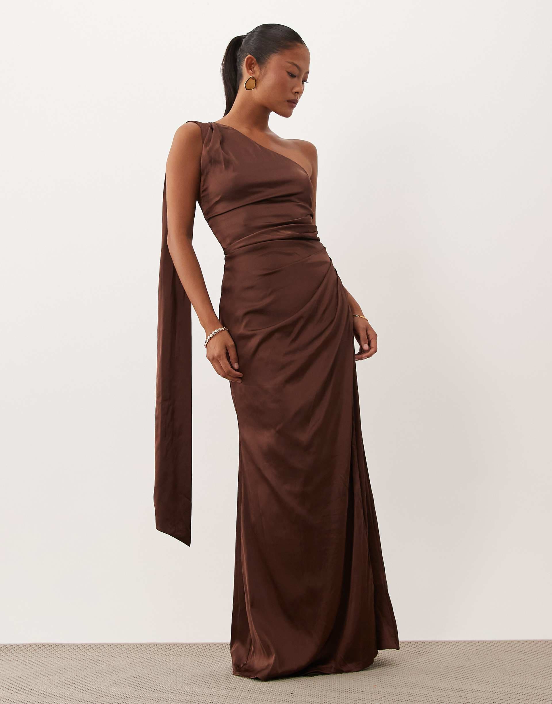 TFNC Bridesmaid Petite satin one shoulder drape back slit detail maxi dress in chocolate