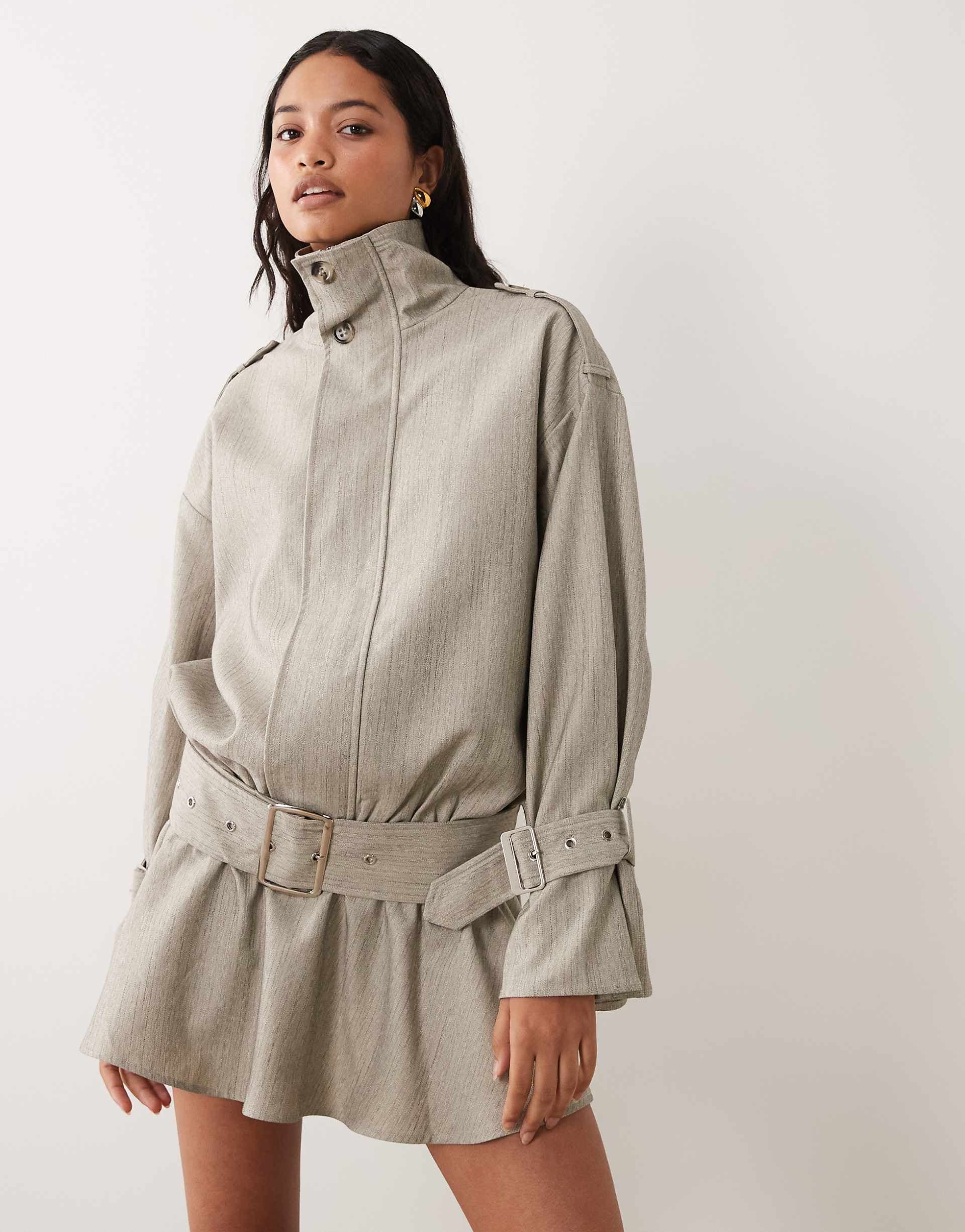 ASOS DESIGN funnel neck zip up blouson mini dress in gray striped print