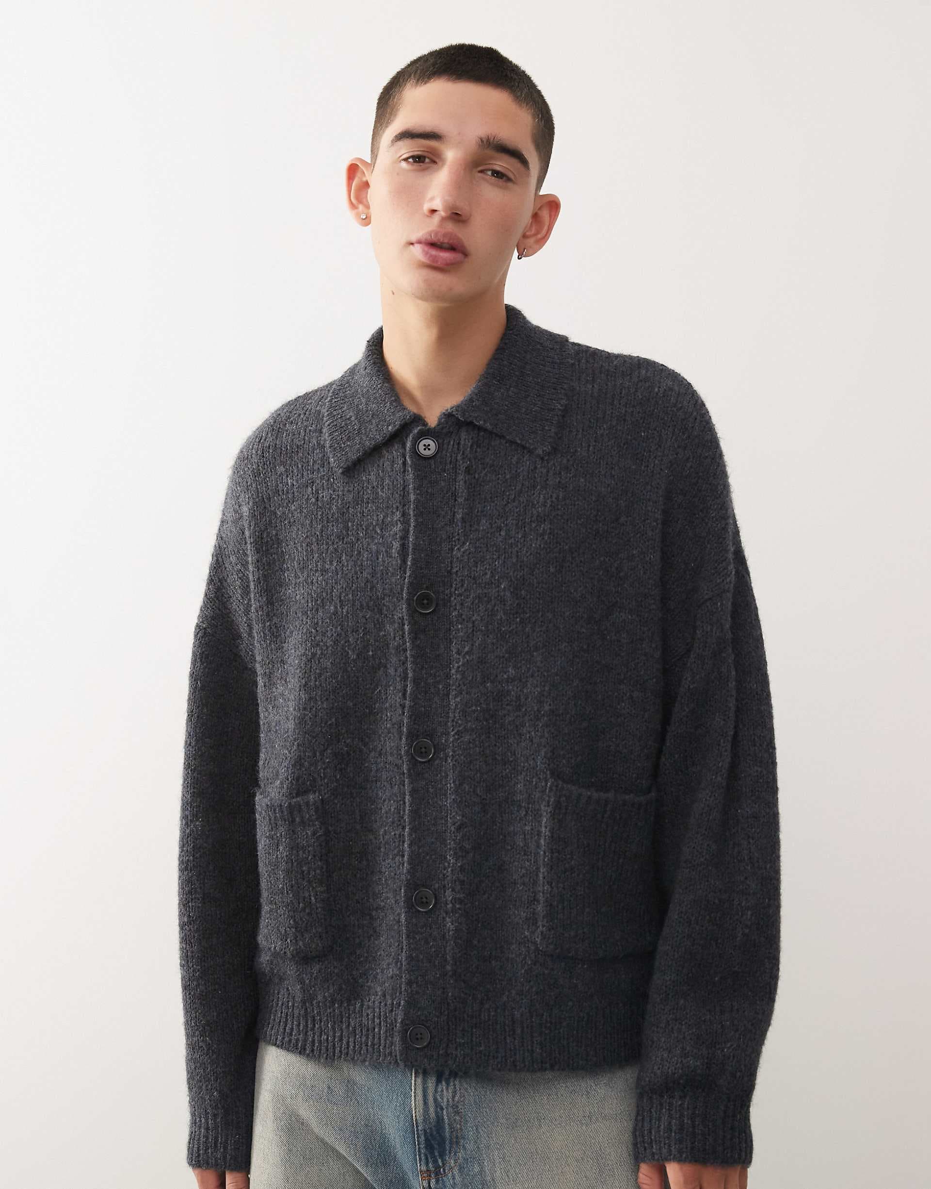 Reclaimed Vintage knit collared cardigan in charcoal