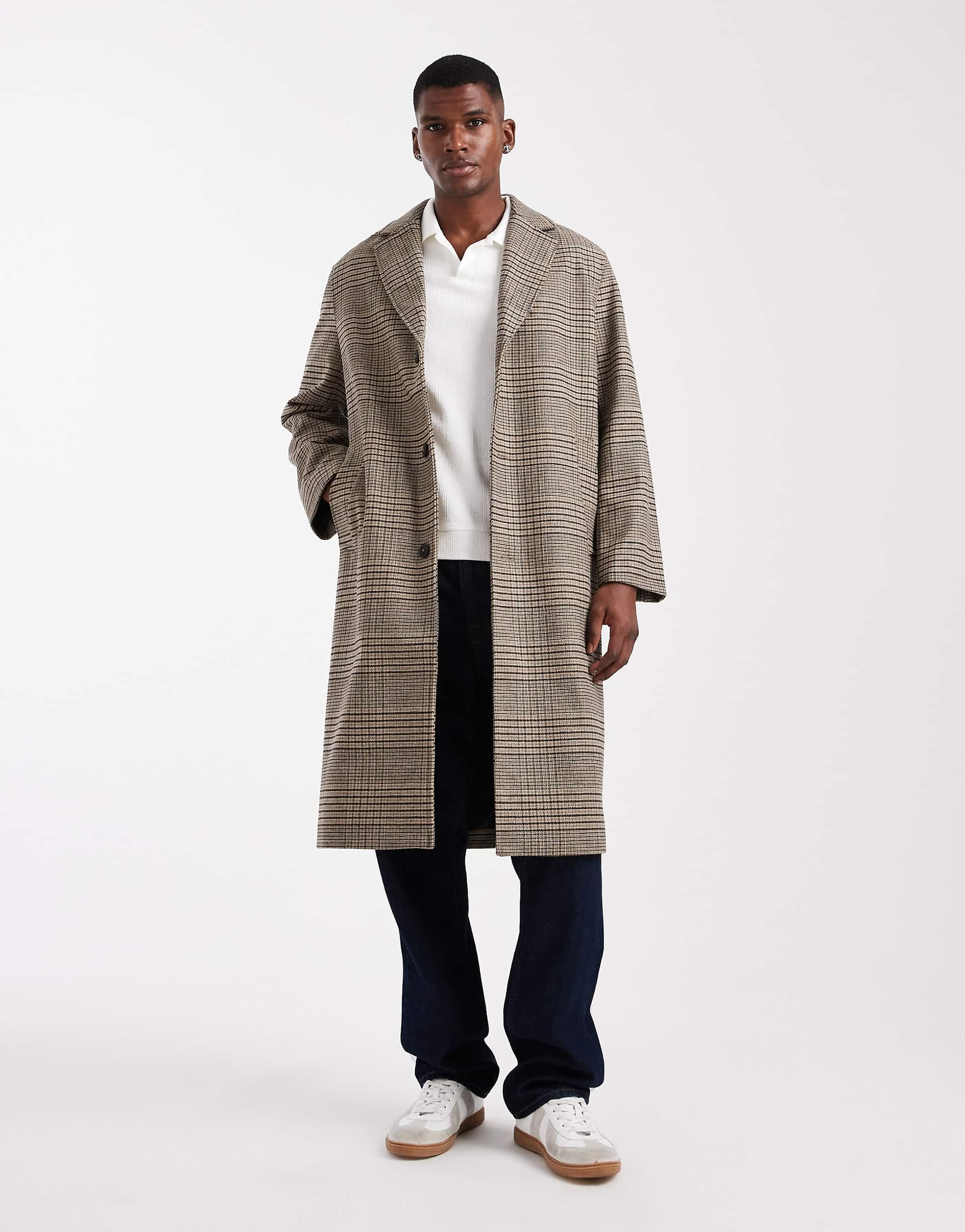 ONLY & SONS drop shoulder longline coat in brown houndstooth