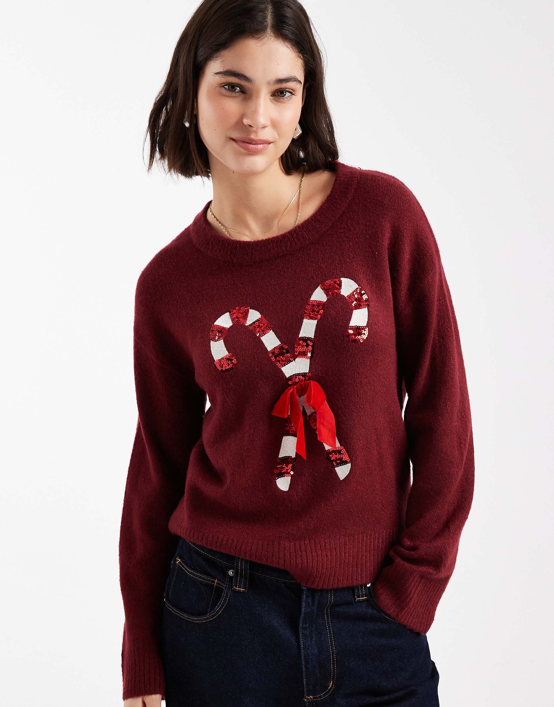 Brave Soul oversized Christmas sweater with sequin candy cane detail in burgundy
