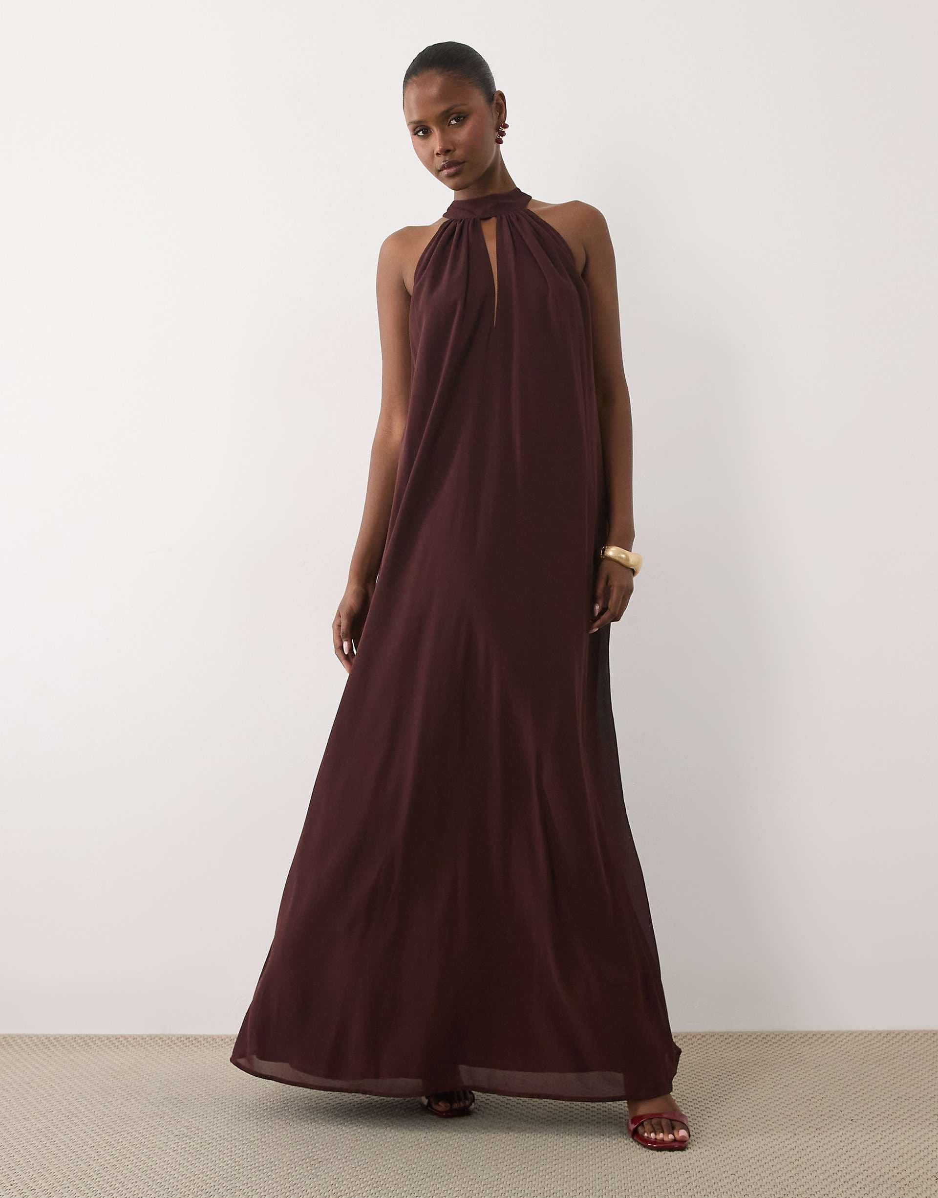 Lace & Beads sleeveless choker detail trapeze maxi dress in chocolate