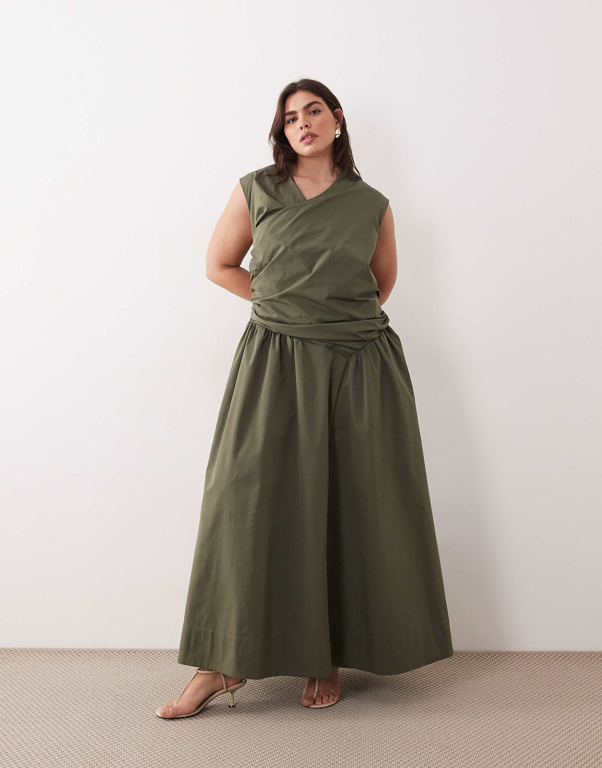 ARRANGE Curve wrap drop waist maxi dress in dark khaki