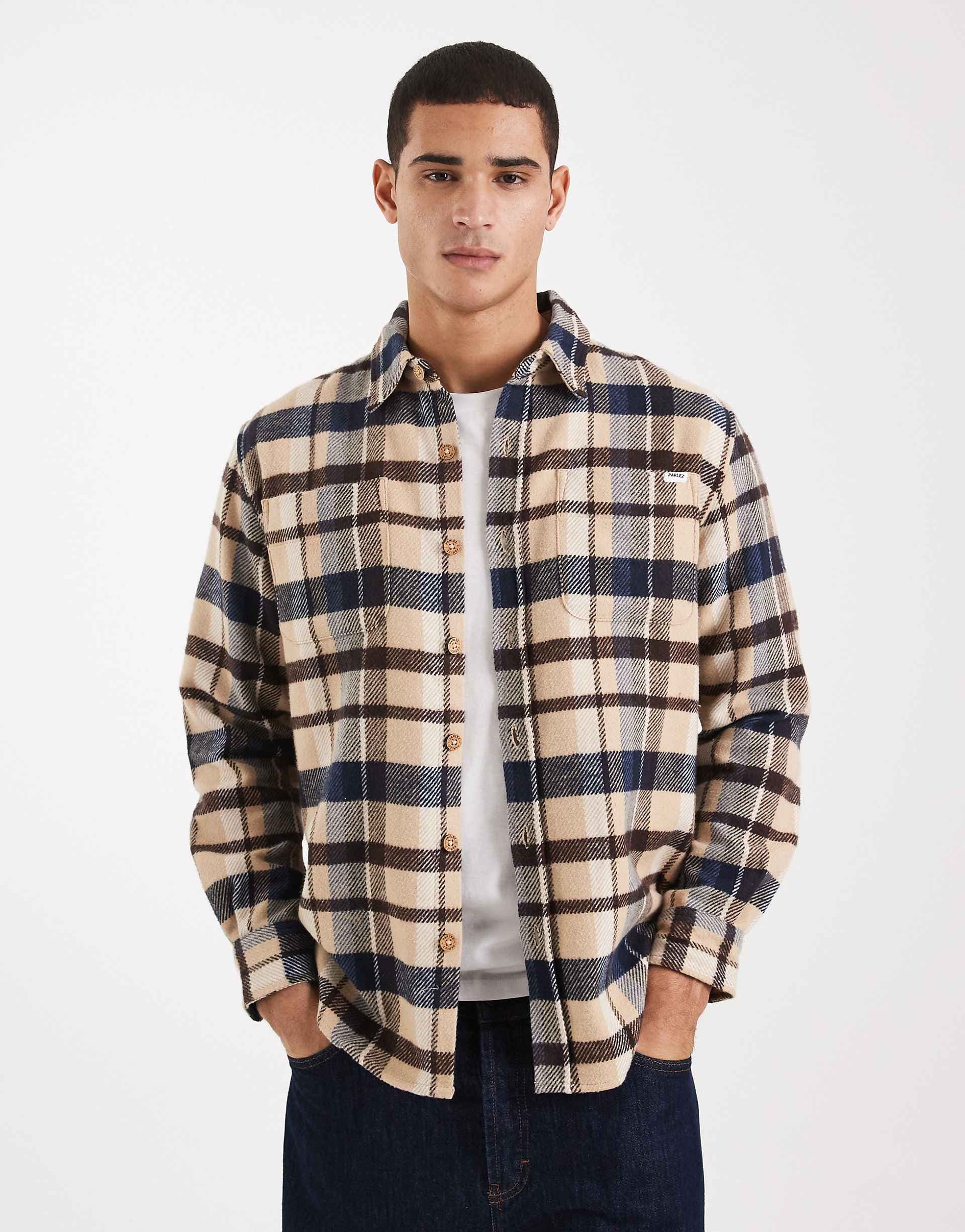 Parlez long sleeve logo shirt in blue and beige plaid