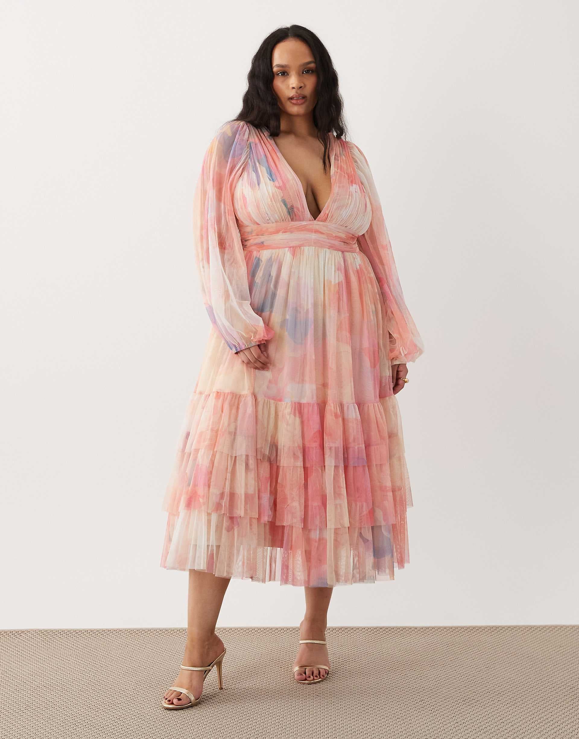 Lace & Beads Plus balloon sleeve ruffle tiered tulle midaxi dress in pink blurred floral