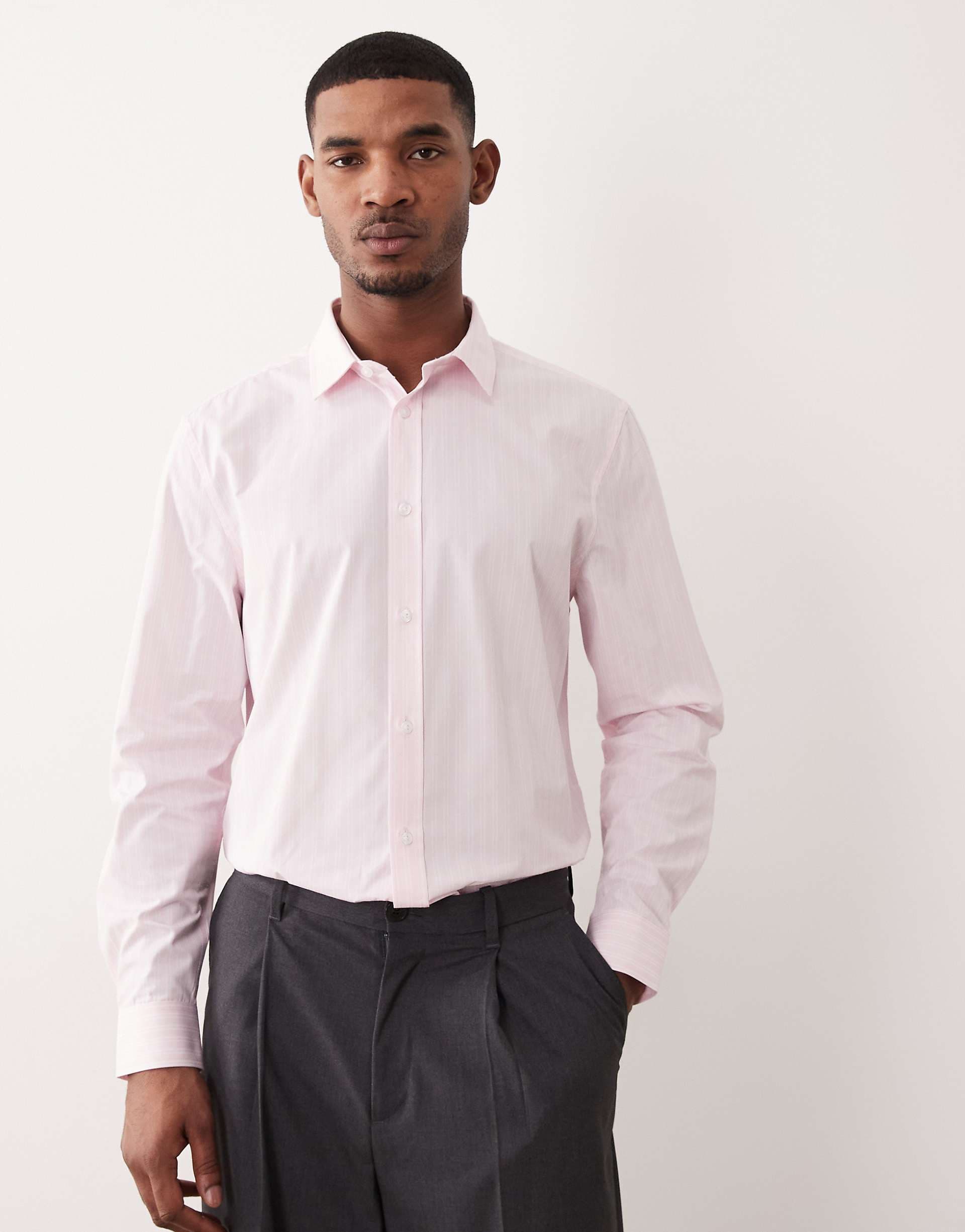 ASOS DESIGN regular fit poplin striped dress shirt in pink and white