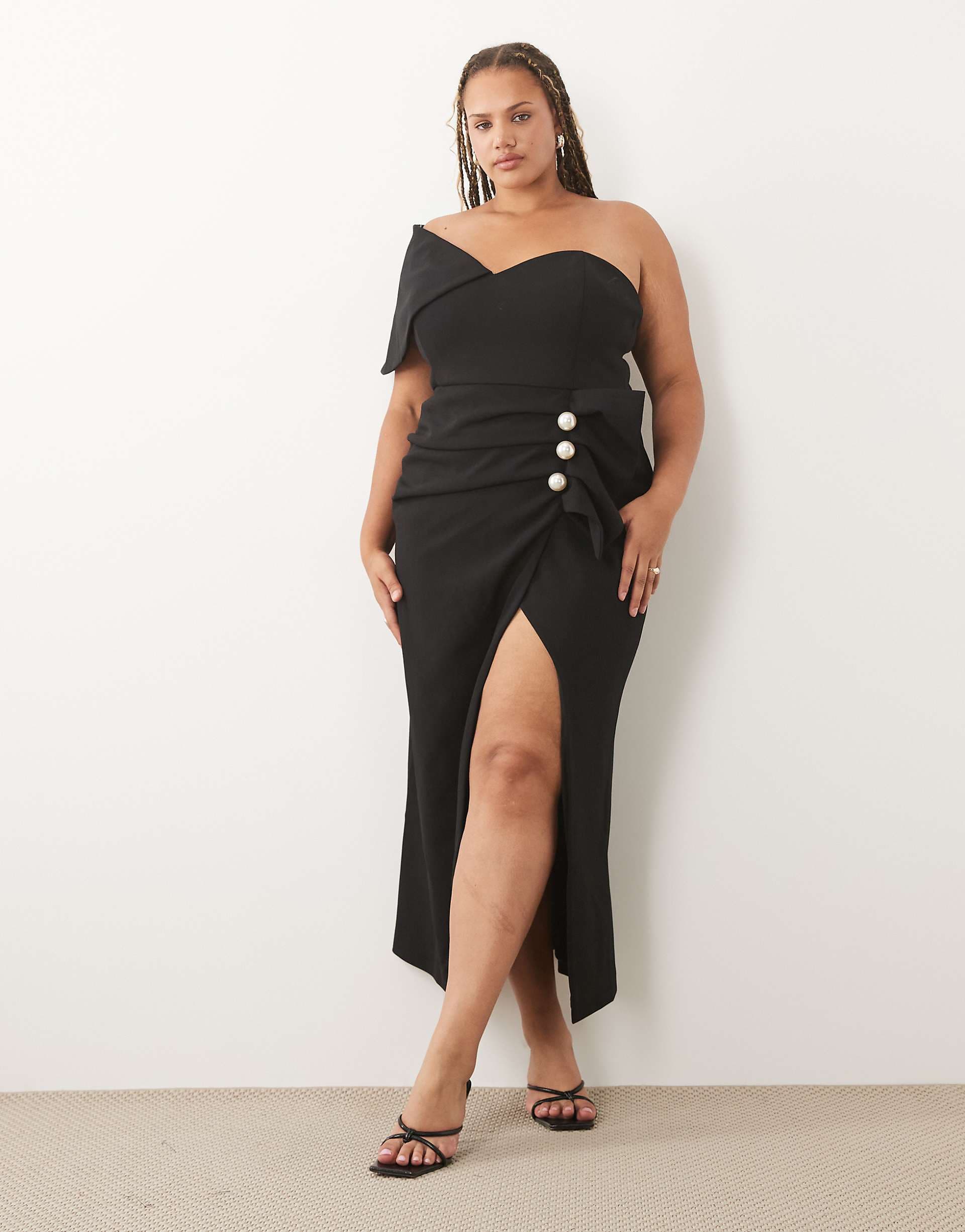 ASOS LUXE Curve structured draped midaxi dress with faux-pearl detailing in black