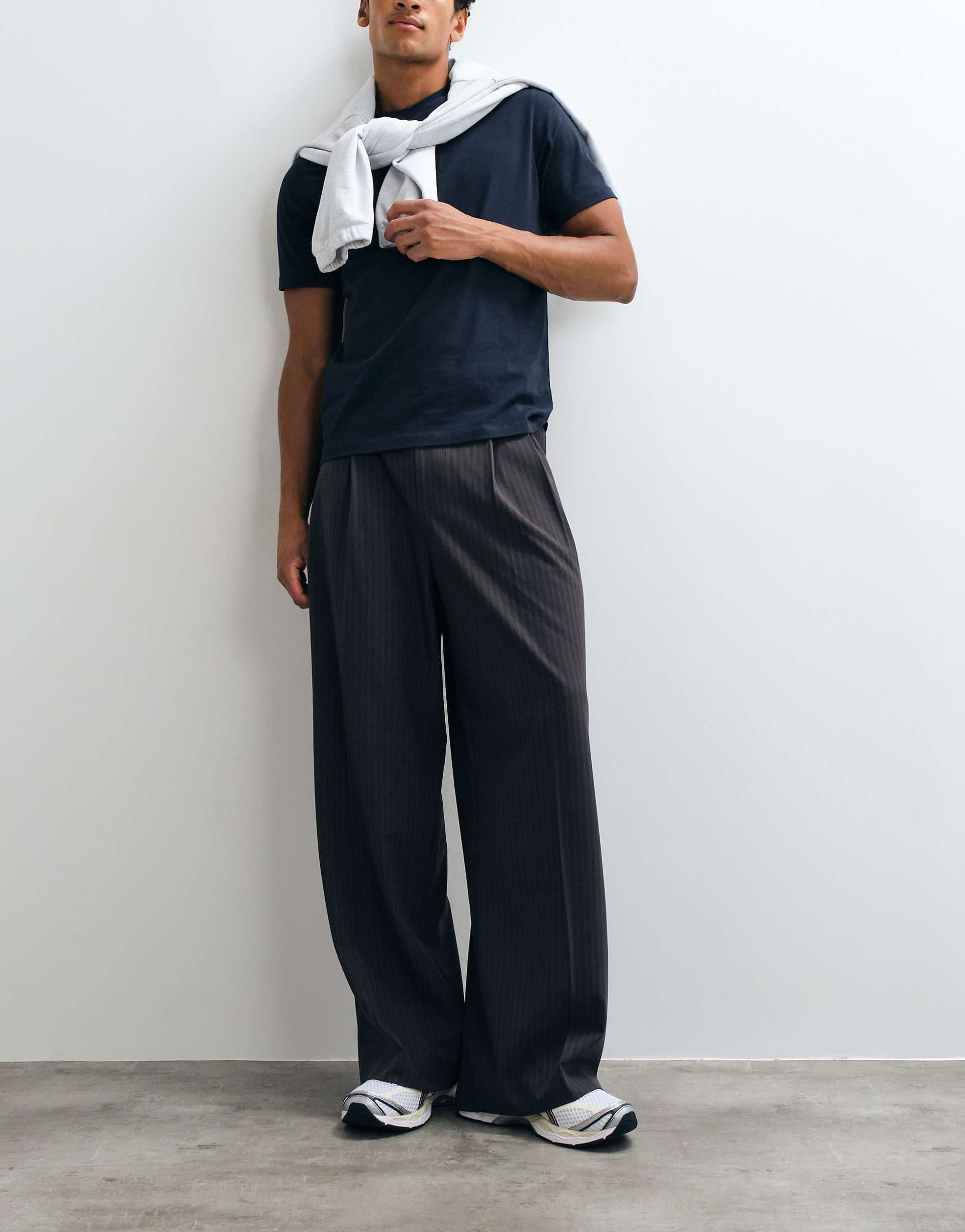Weekday wide leg tailored pants in dark gray pinstripe