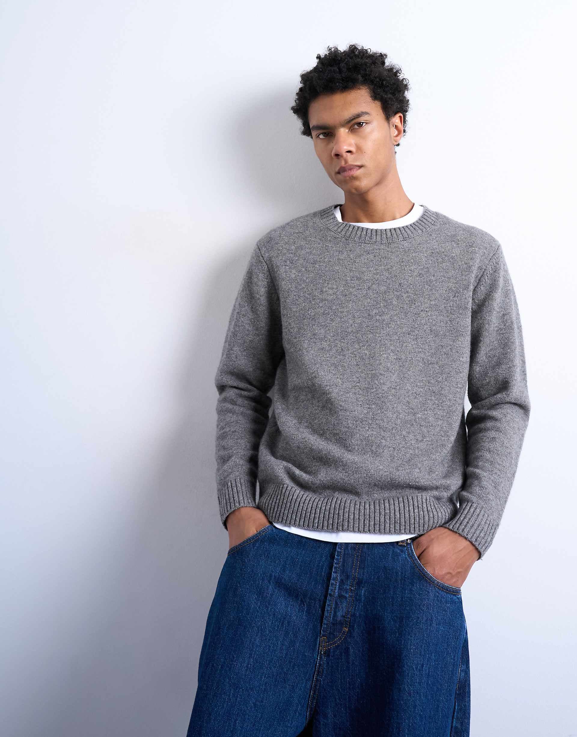 Topman regular fit knit crew neck sweater with wool in gray