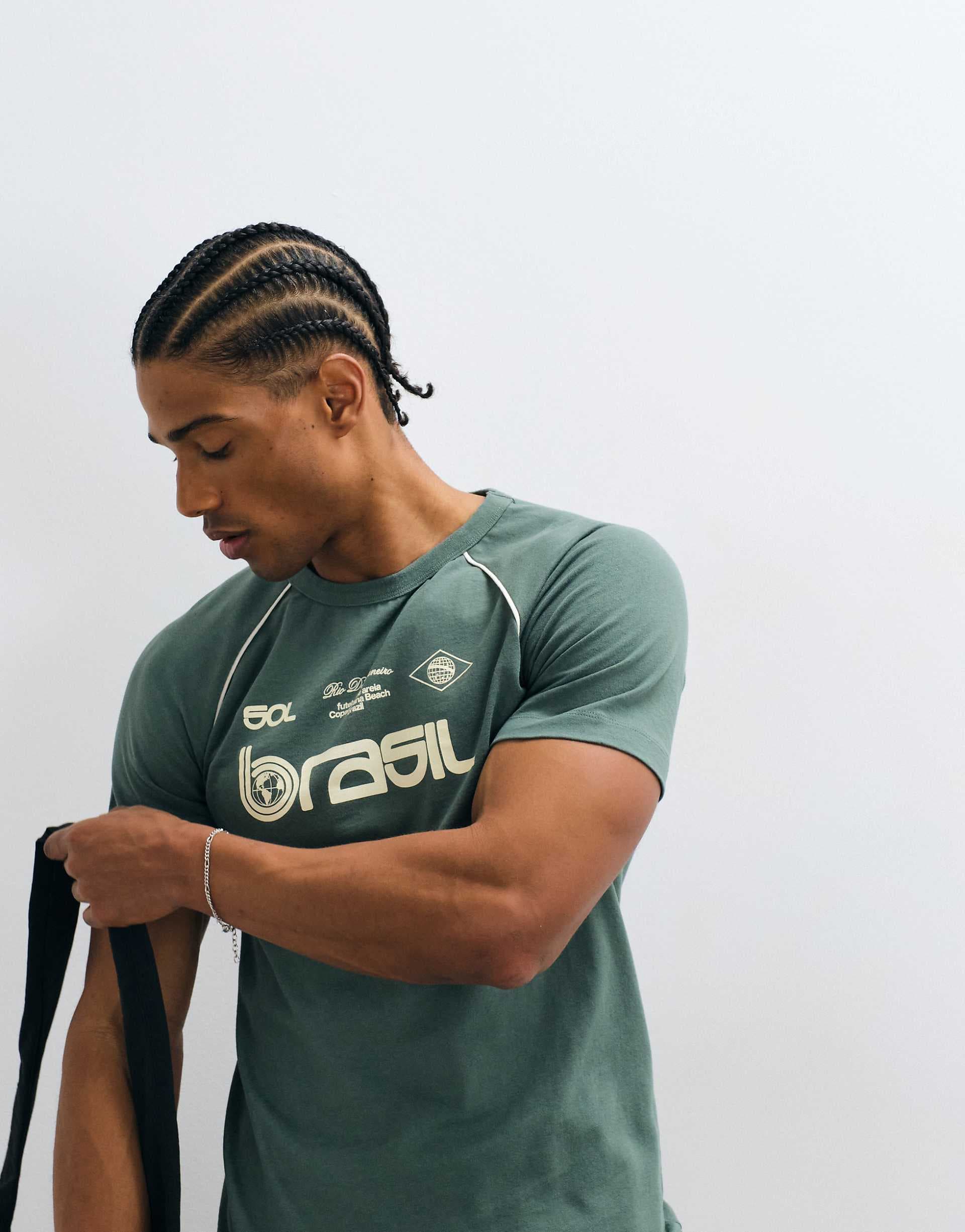 ASOS DESIGN slim T-shirt with Brazil graphic in green wash