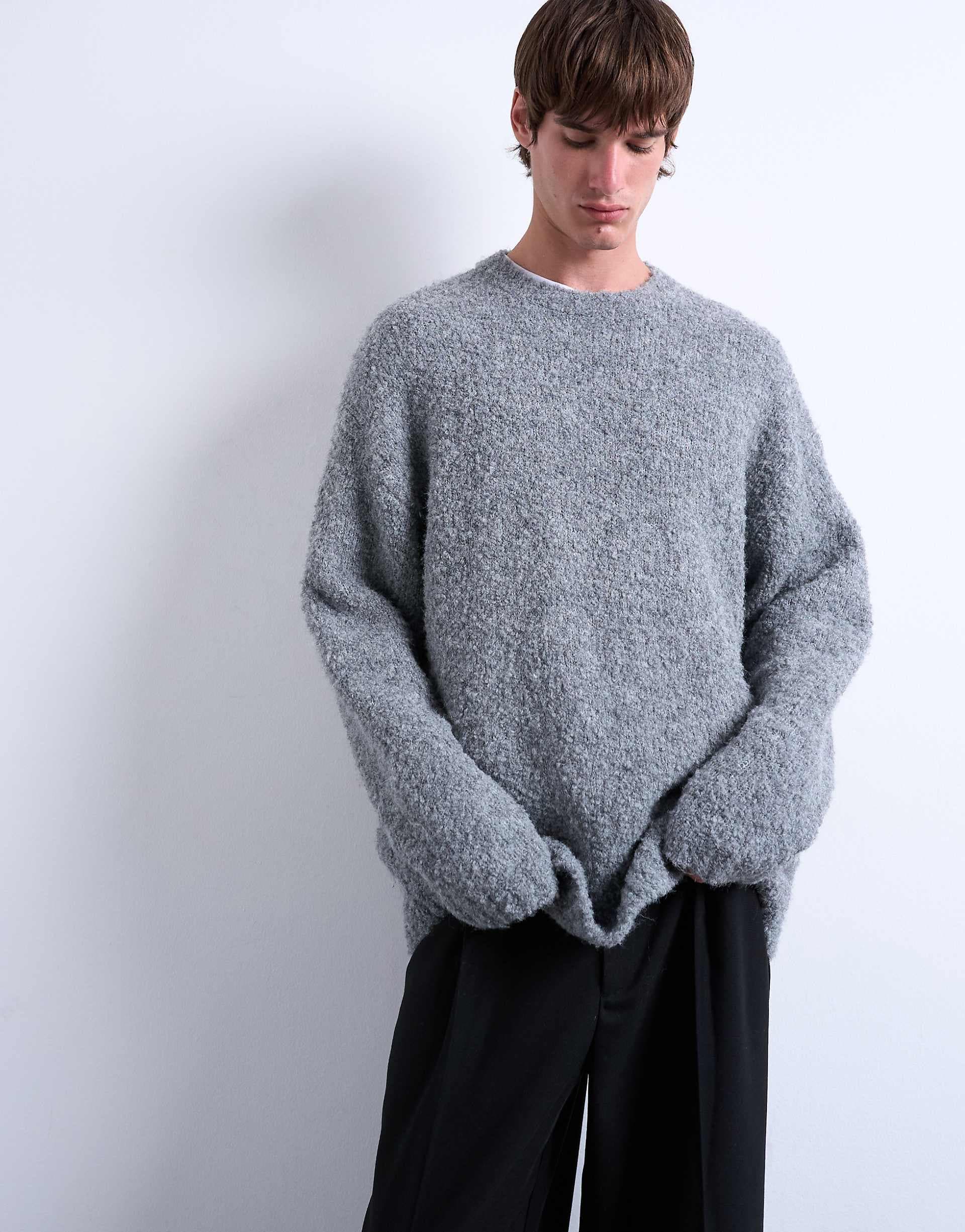 Topman relaxed fit boucle sweater in light gray