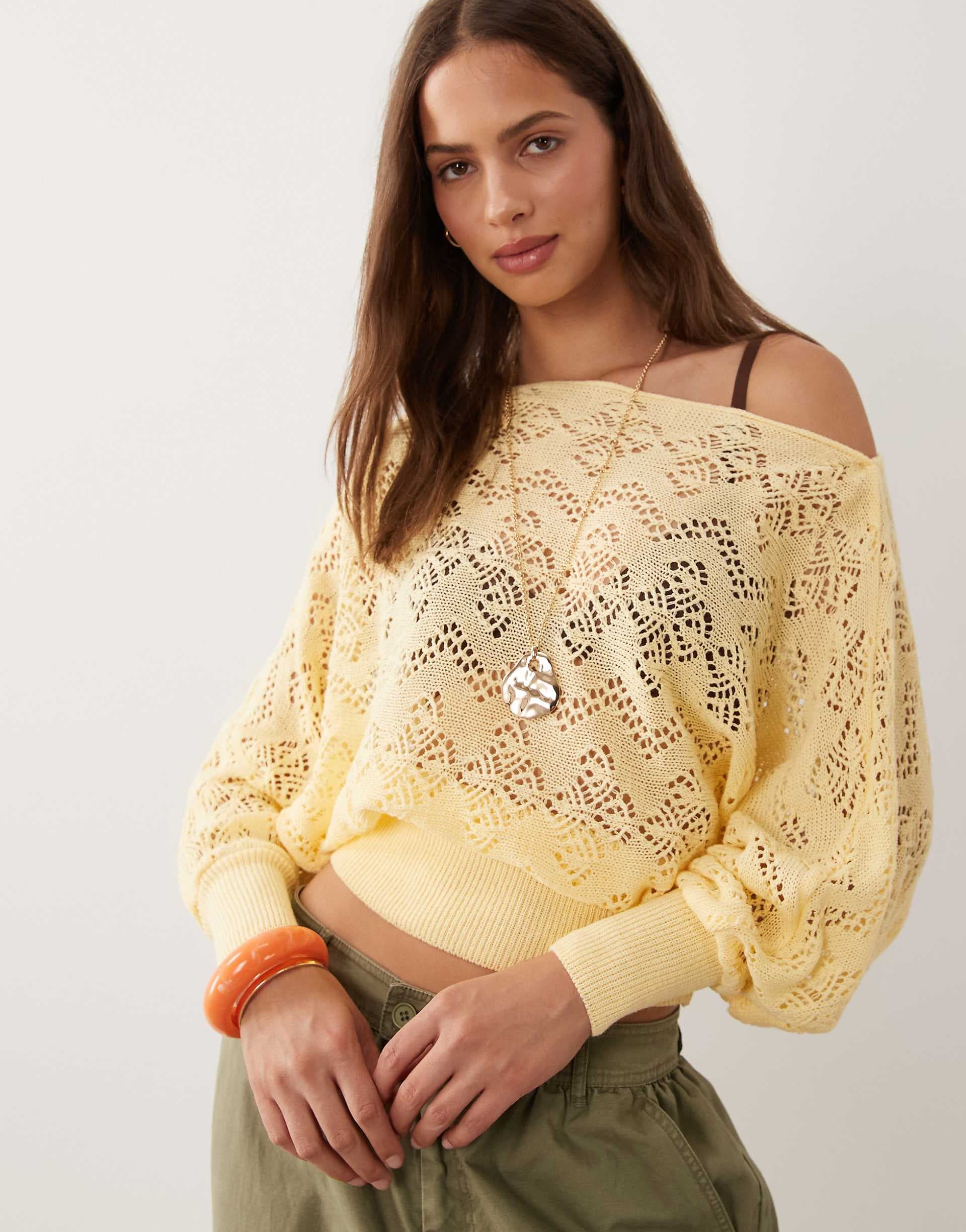 Miss Selfridge off shoulder crochet top in buttermilk