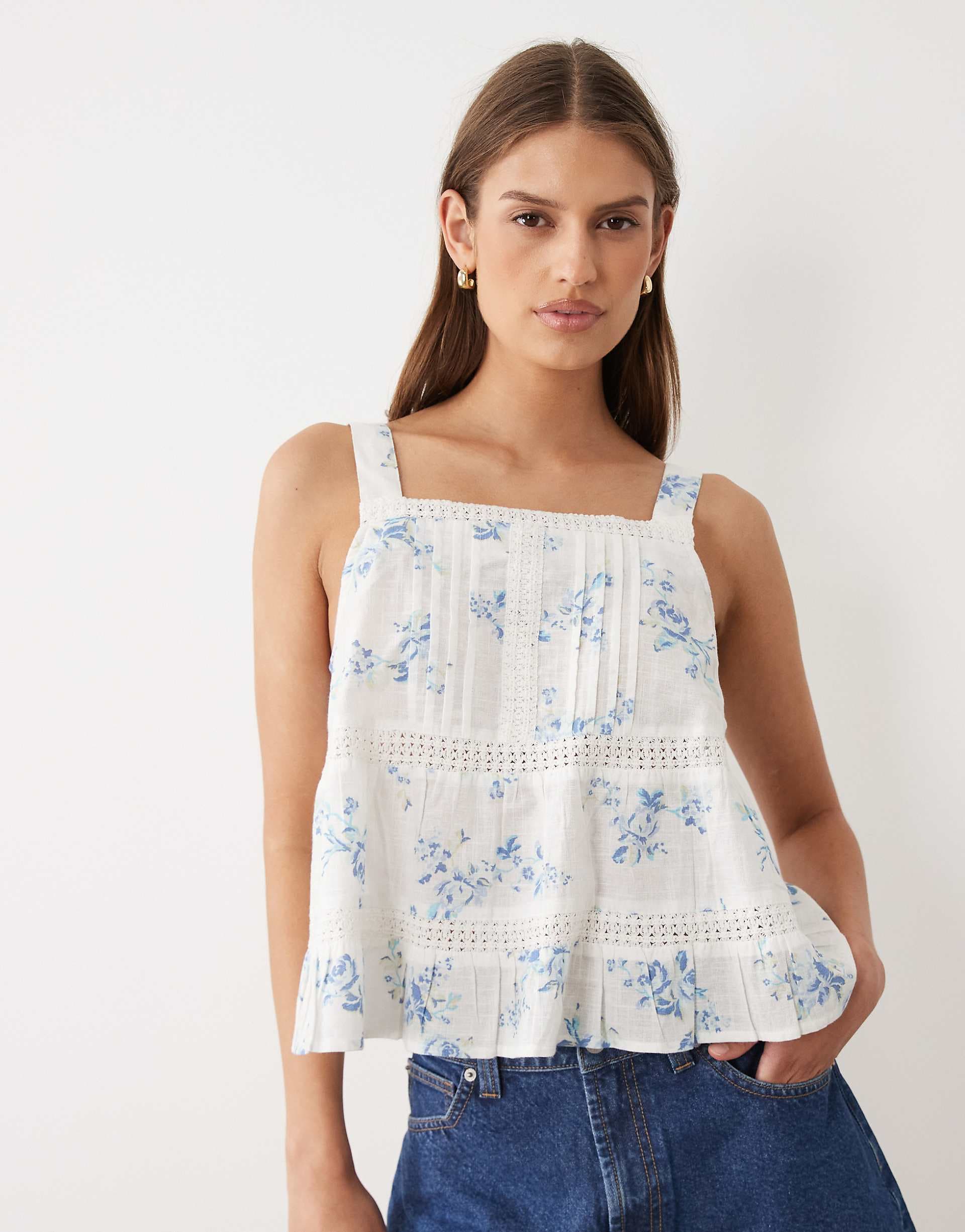Wednesday's Girl floaty lace tiered smock top in baby blue floral