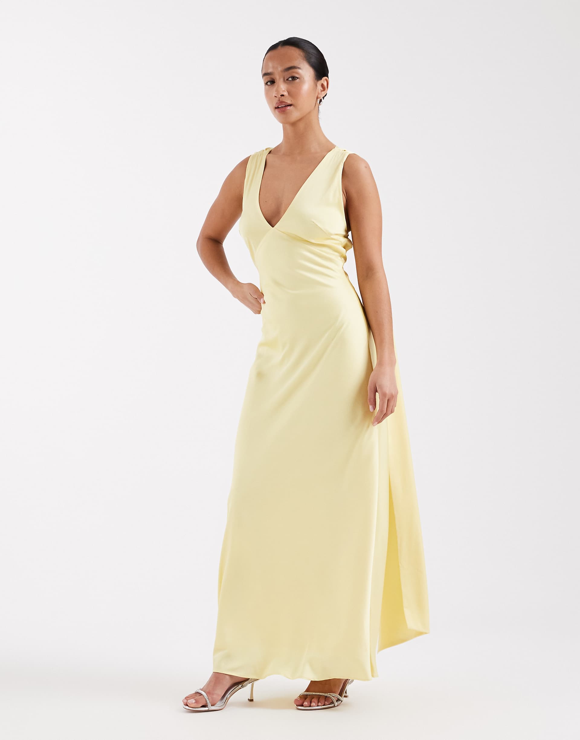TFNC Petite Bridesmaids v-neck satin lace up back maxi dress with scarf in yellow