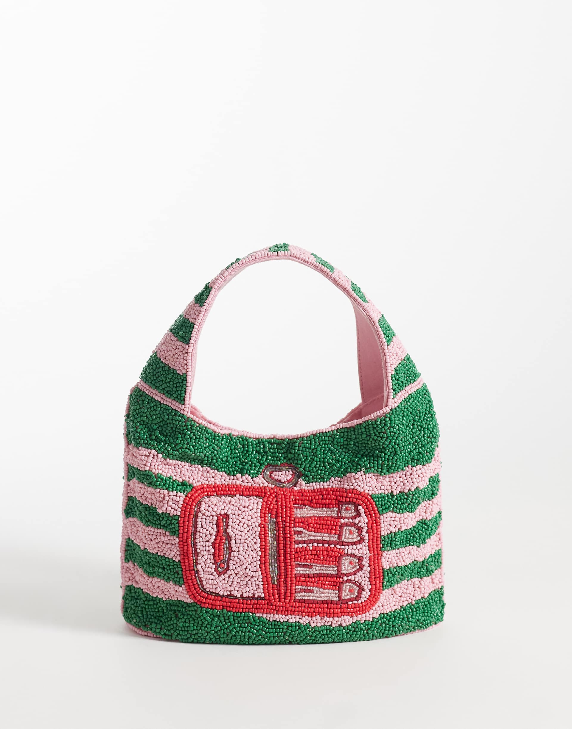 ASOS DESIGN embellished beaded sardine fish grab bag in pink and green stripes