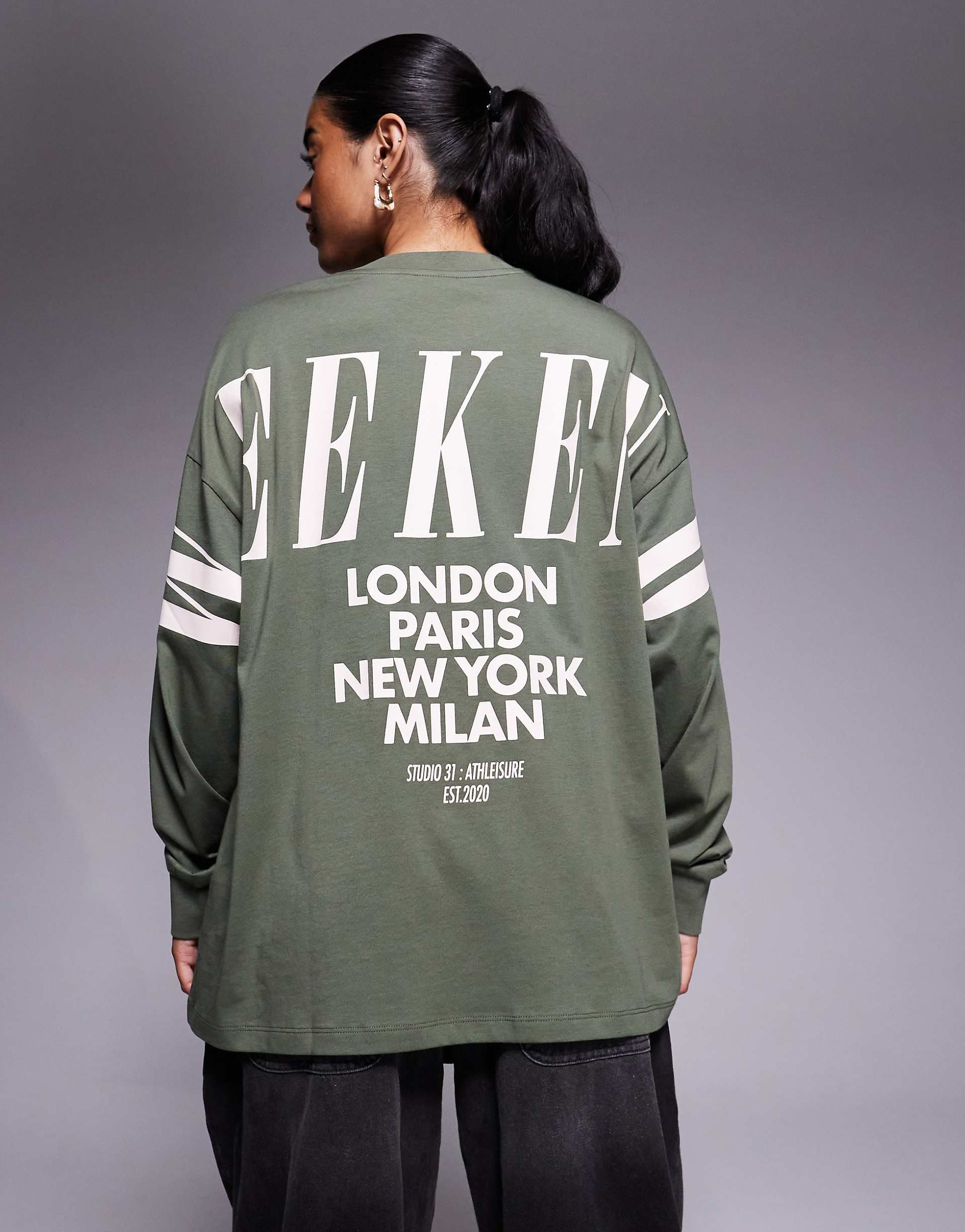 Weekend Collective Icon oversized long sleeve T-shirt with stacked back logo in khaki