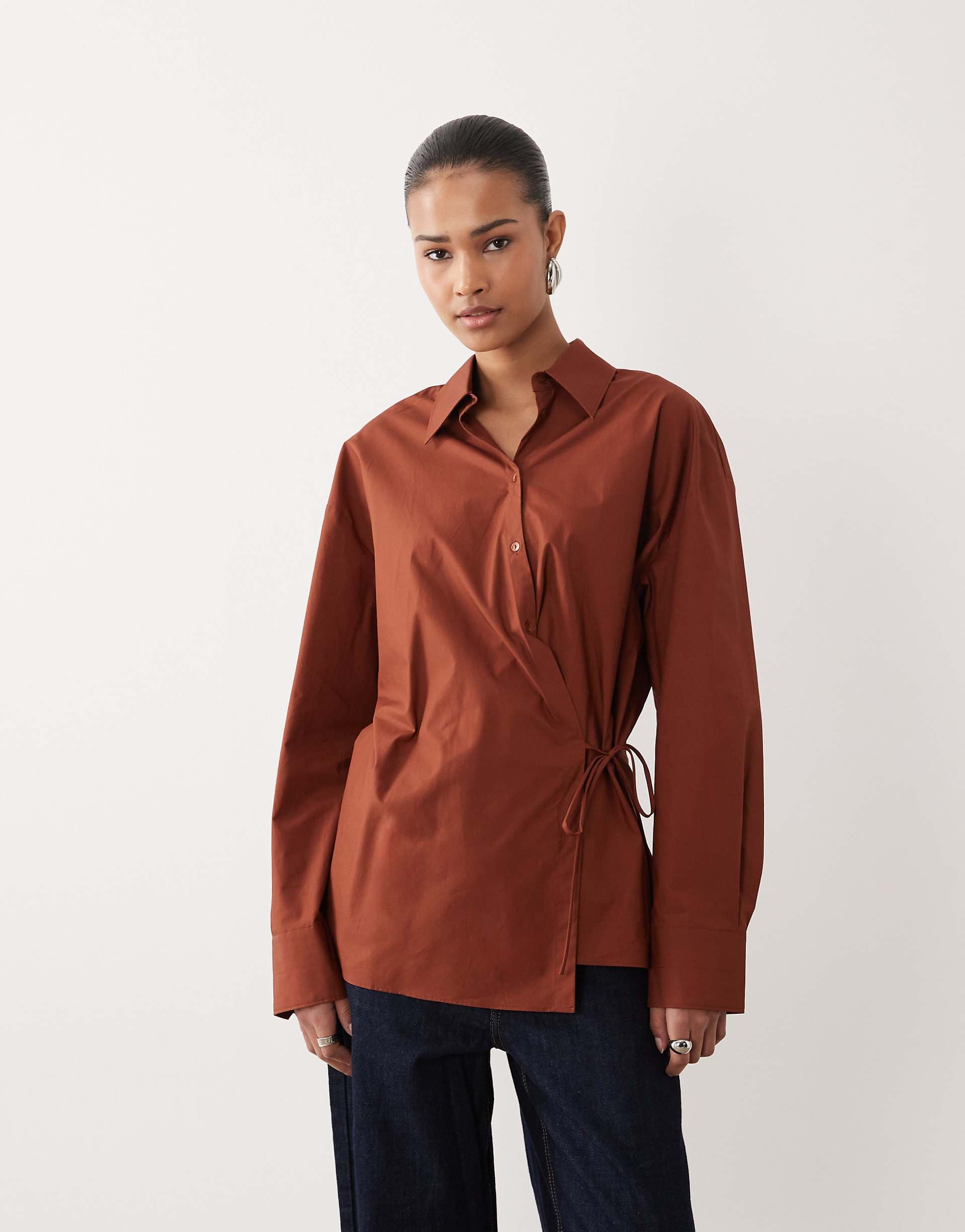 Mango 100% cotton oversized tie waist shirt in burnt orange
