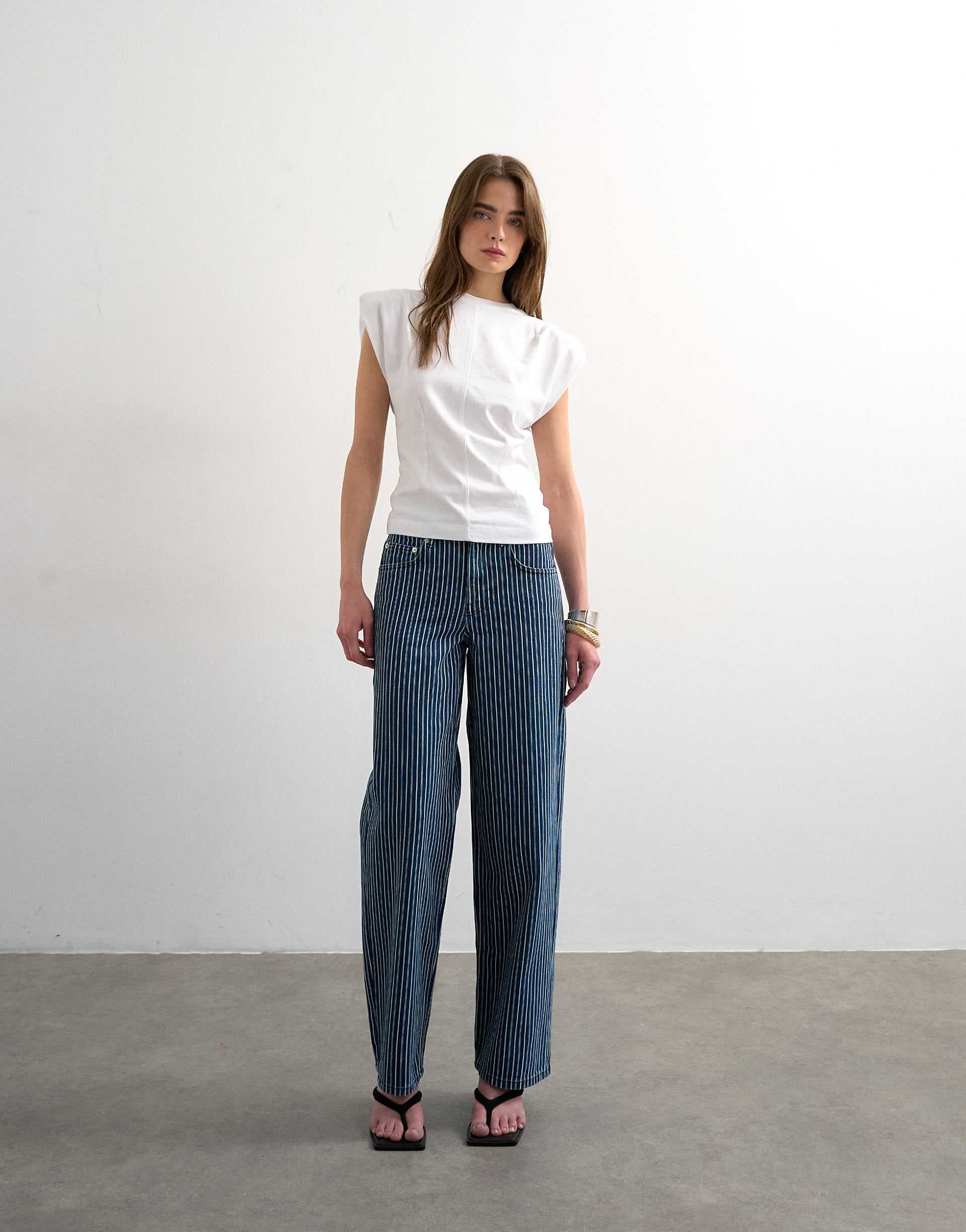 Topshop cinch low rise relaxed jeans in blue stripe