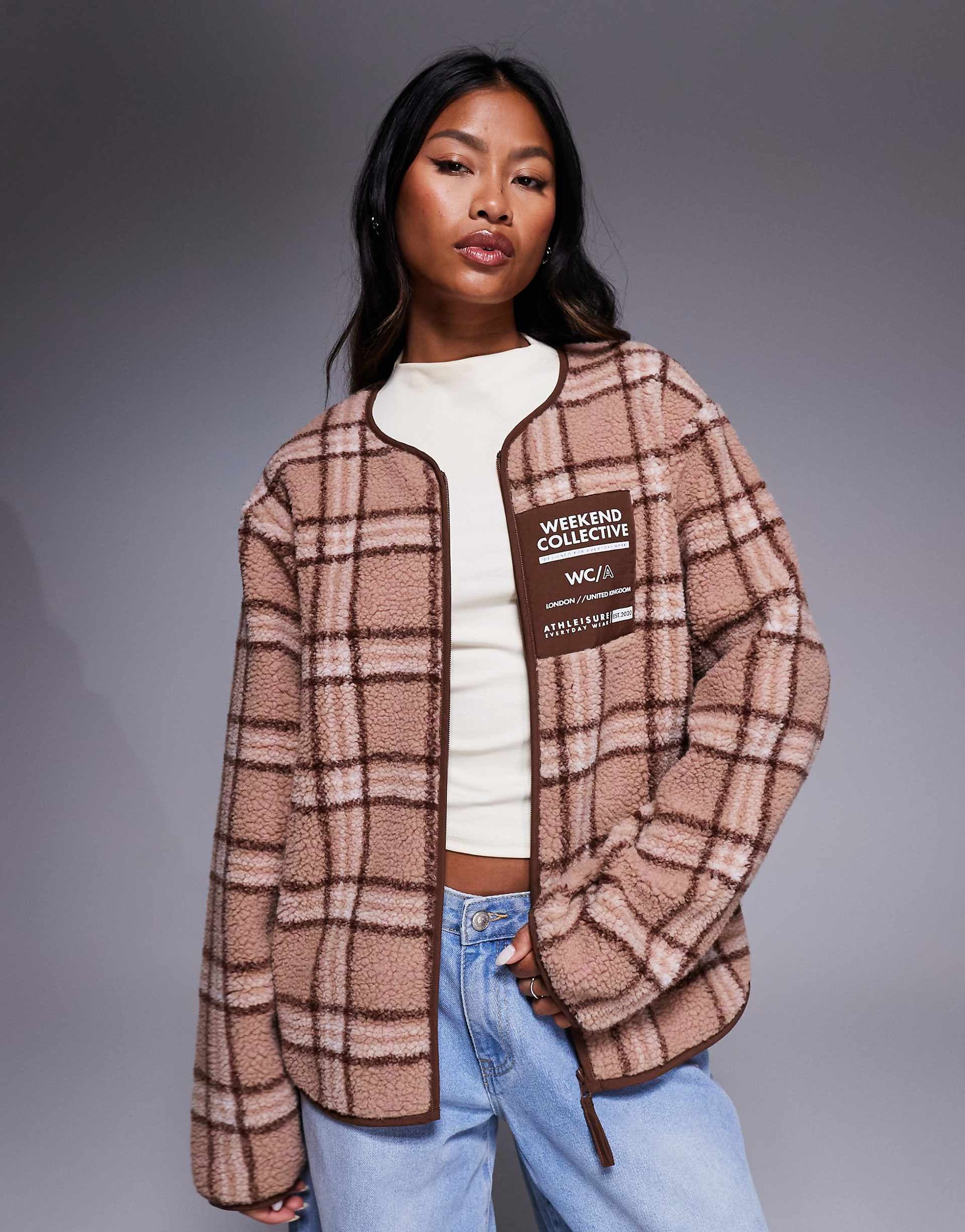 Weekend Collective borg zip up fleece with pink plaid design