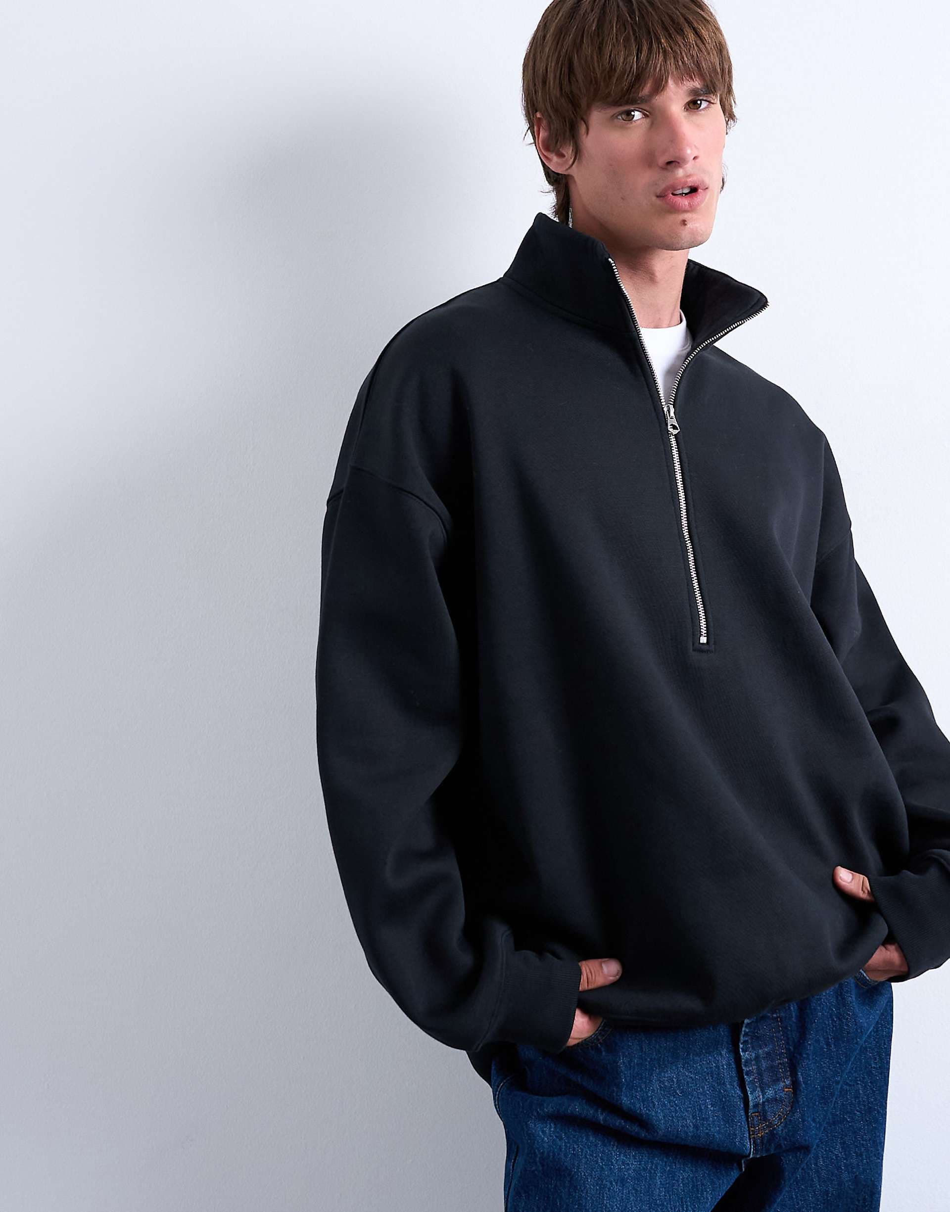 Topman premium oversized fit quarter zip funnel neck in black