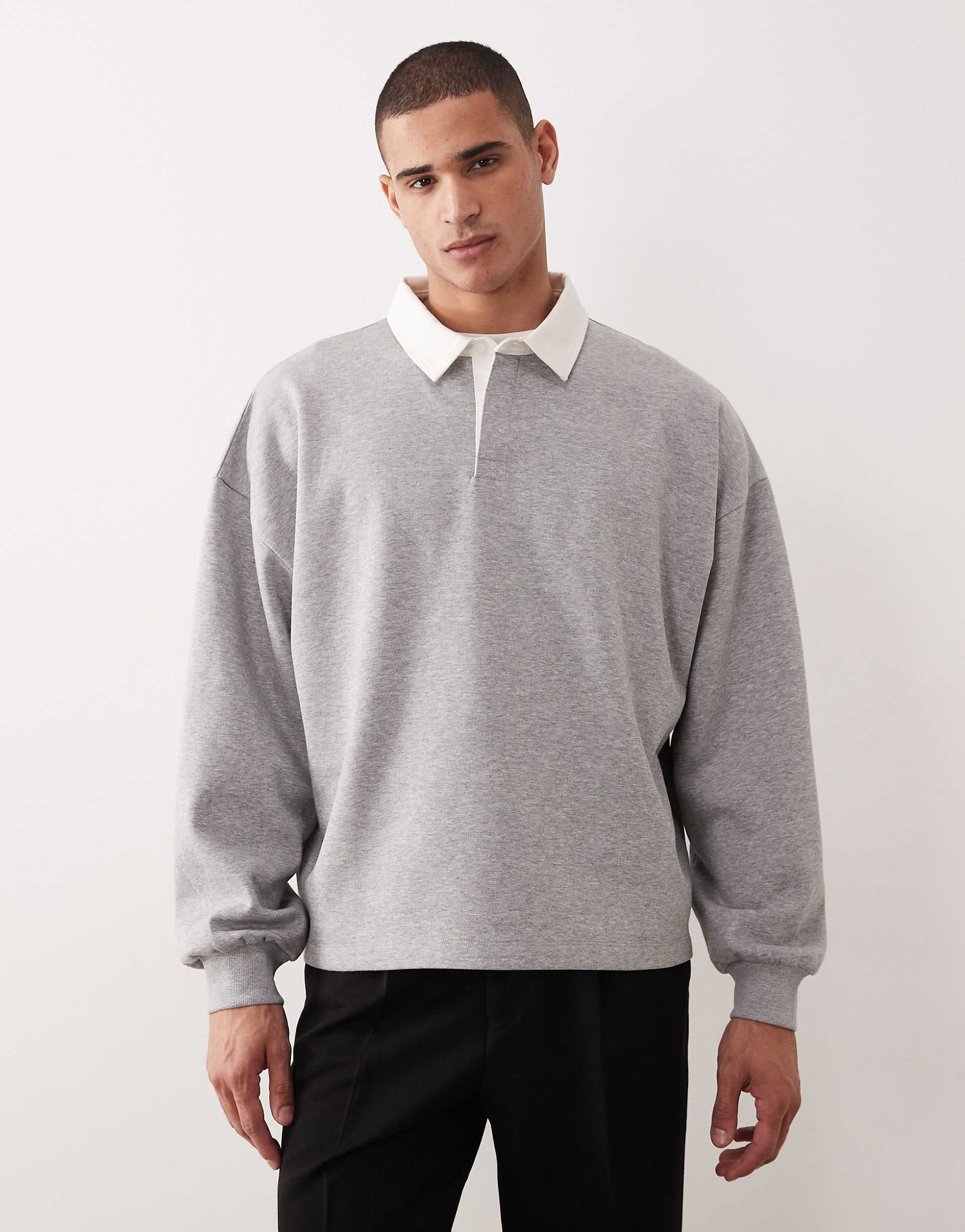 ASOS DESIGN extreme oversized rugby polo with contrast collar in gray heather