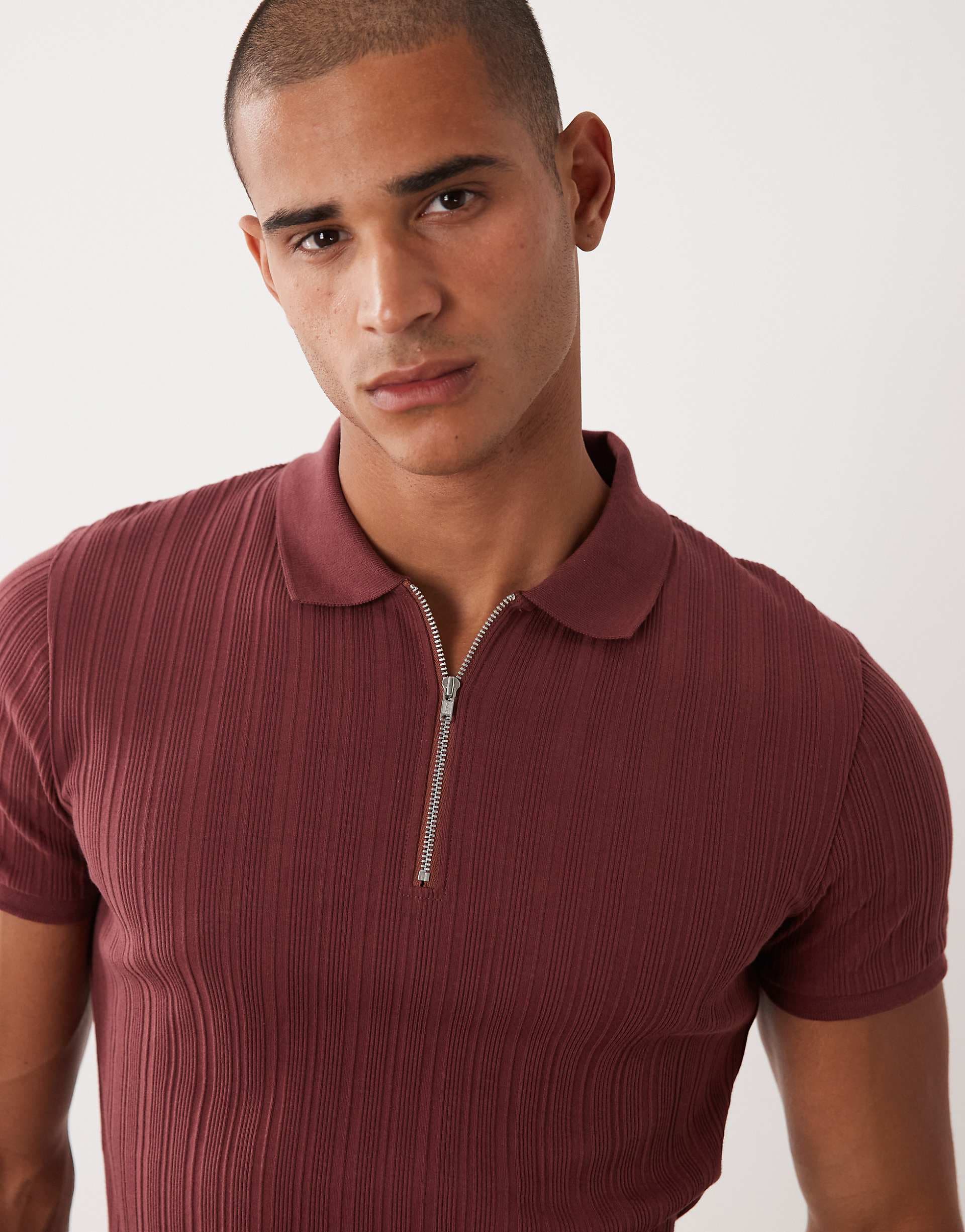 ASOS DESIGN muscle fit zip polo in burgundy rib