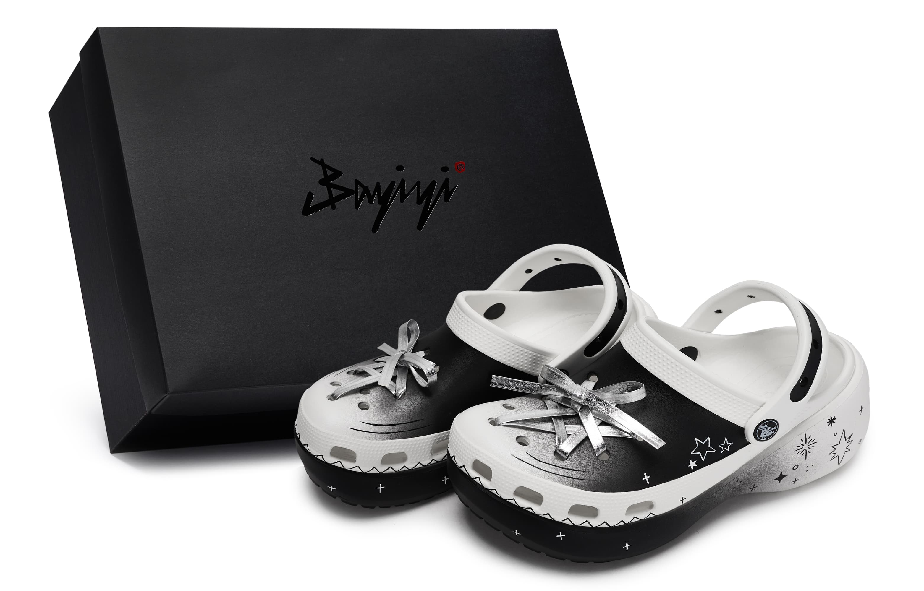 Crocs Classic Platform Clog Custom 'Starry Silver' Doodle Star Strap Sandals Women's Black White