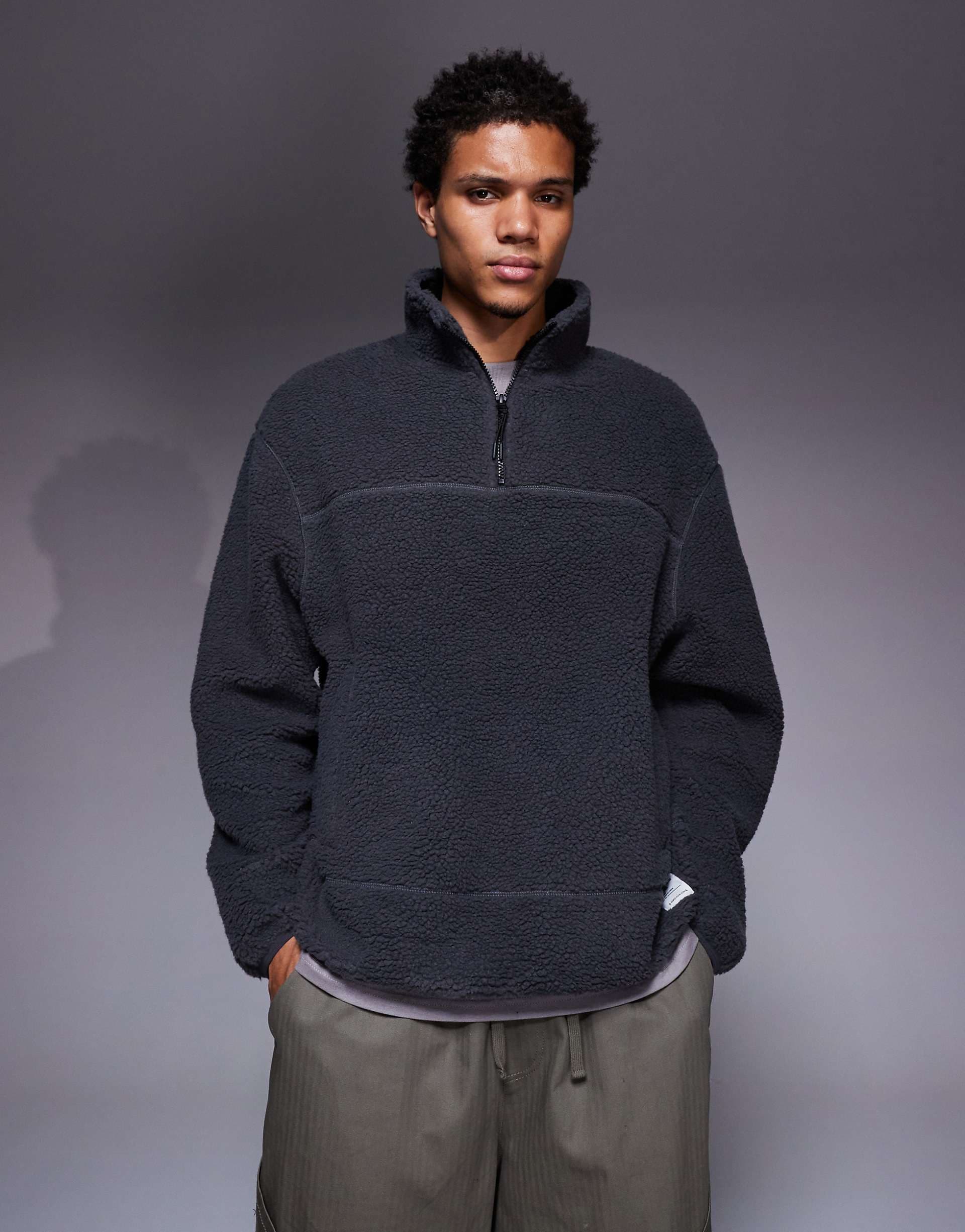 ASOS DESIGN relaxed funnel neck borg sweatshirt in gray
